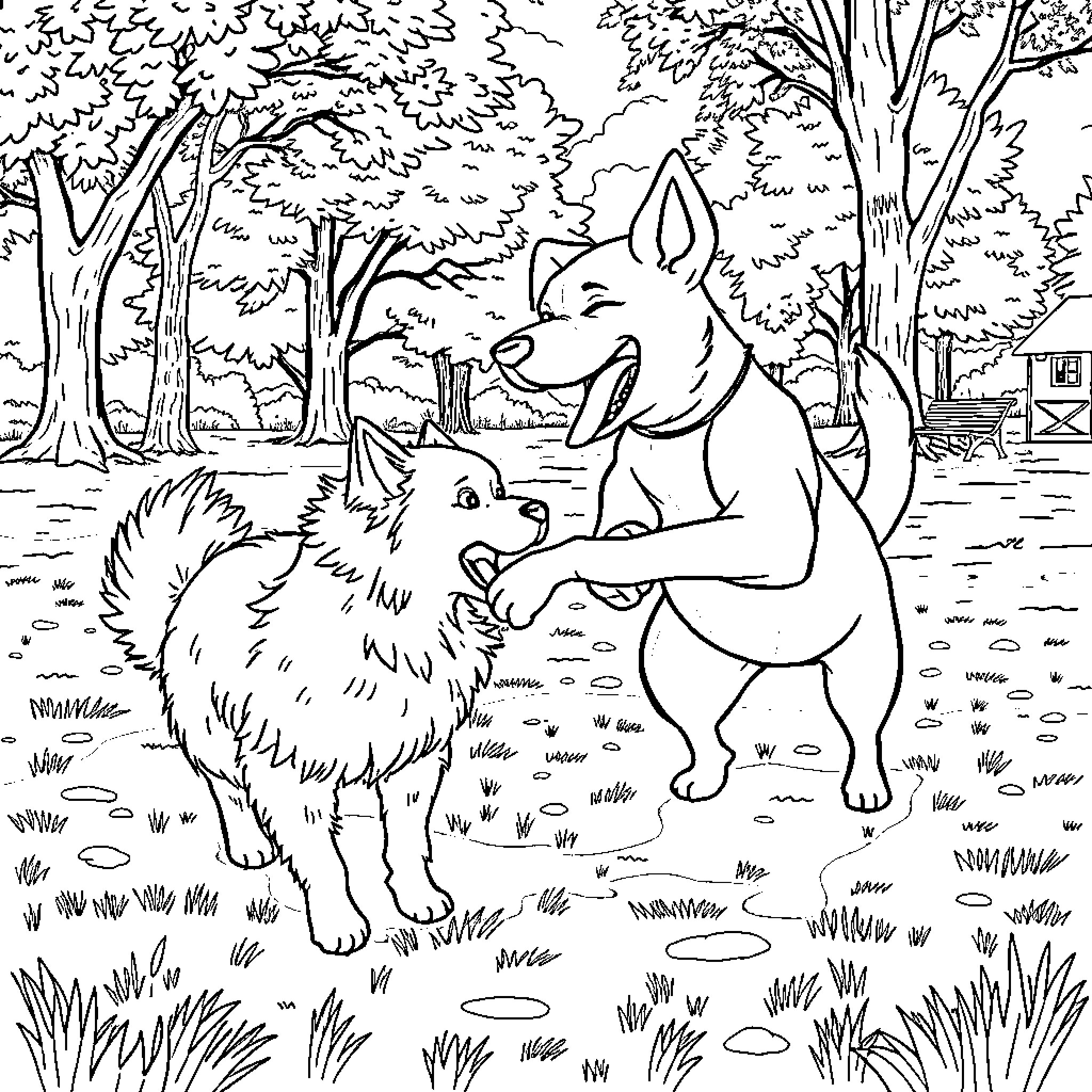 Dog playing with squirrel in forest Coloring Page (free black-and-white line drawing printable PDF for all, from beginners to advanced learners, including children, teens, adults, and seniors)