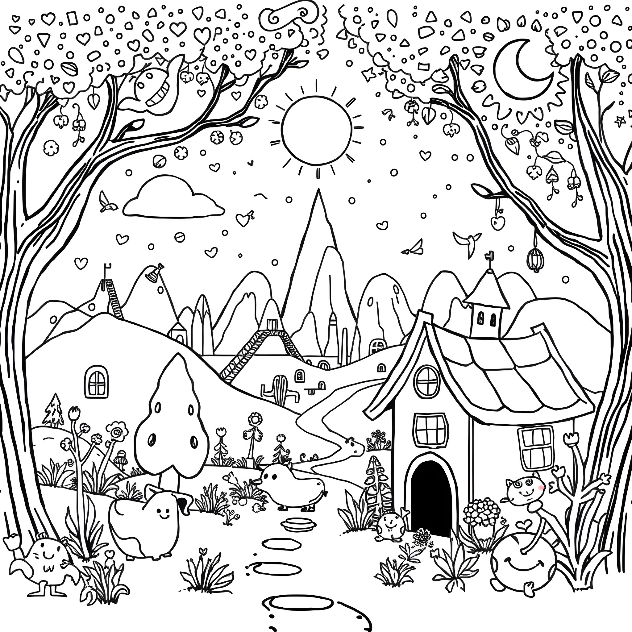 Bassie's Magical Day in the Enchanted Forest Coloring Page (free black-and-white line drawing printable PDF for all, from beginners to advanced learners, including children, teens, adults, and seniors)