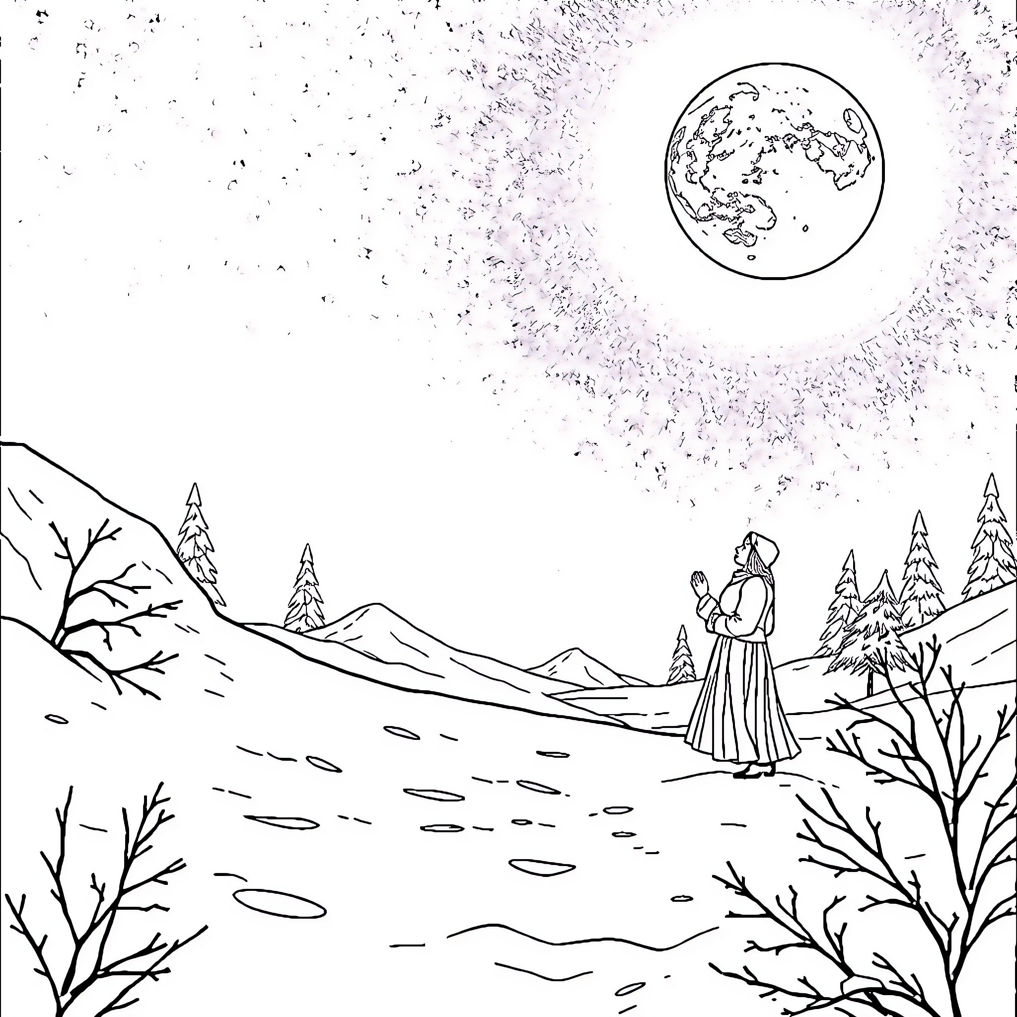 Frozen winter landscape with mysterious figure Coloring Page (free black-and-white line drawing printable PDF for all, from beginners to advanced learners, including children, teens, adults, and seniors)