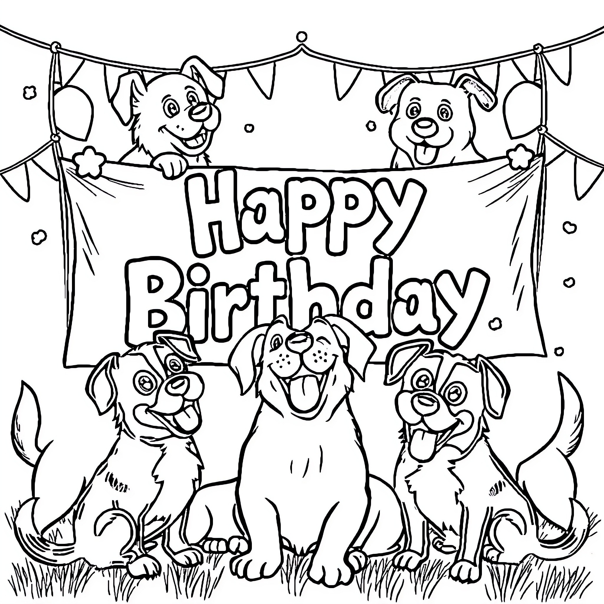 Dogs celebrating a Happy Birthday Coloring Page (free black-and-white line drawing printable PDF for all, from beginners to advanced learners, including children, teens, adults, and seniors)