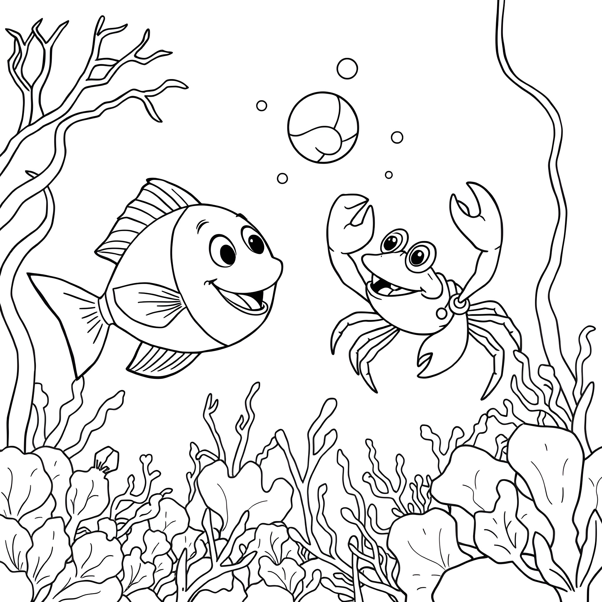 Fish and crab swimming playfully in the underwater scene Coloring Page (free black-and-white line drawing printable PDF for all, from beginners to advanced learners, including children, teens, adults, and seniors)