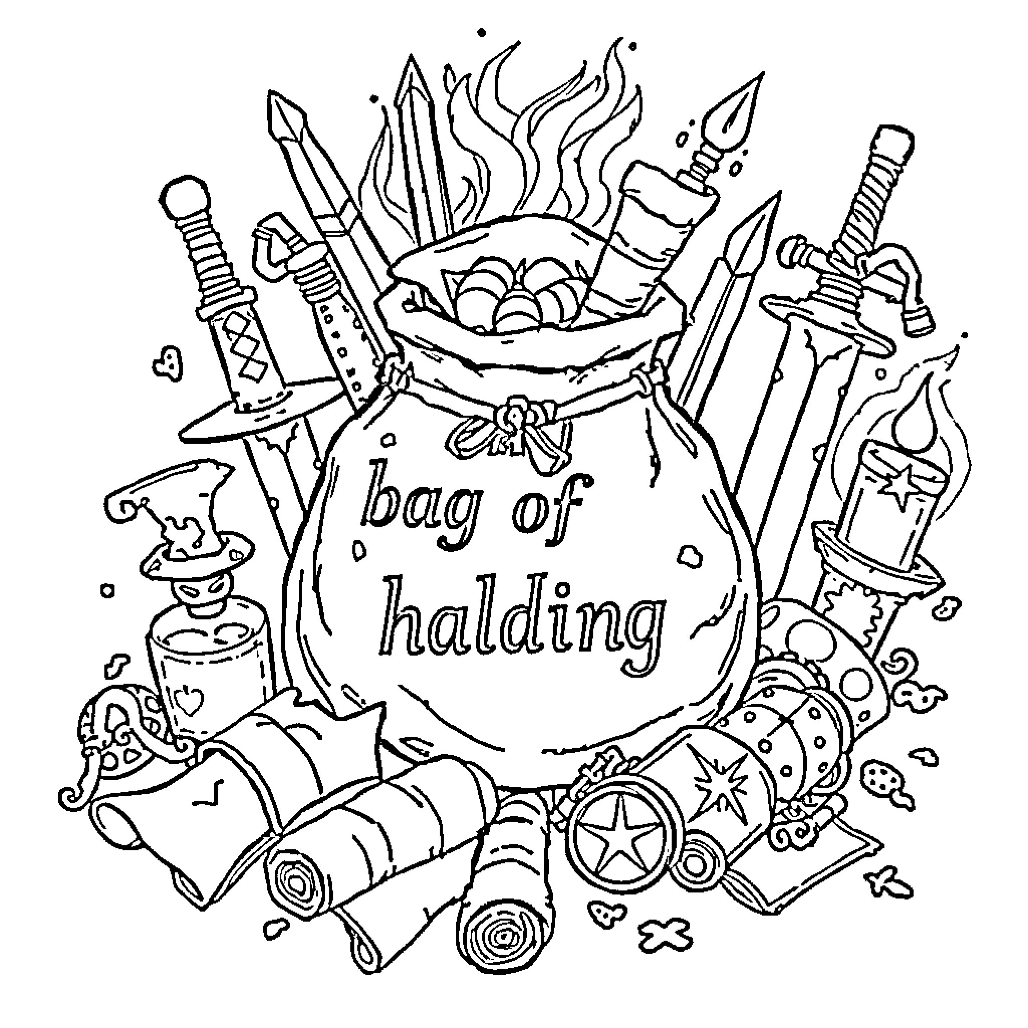 Bag of Halding with Various Fantasy Items Coloring Page (free black-and-white line drawing printable PDF for all, from beginners to advanced learners, including children, teens, adults, and seniors)