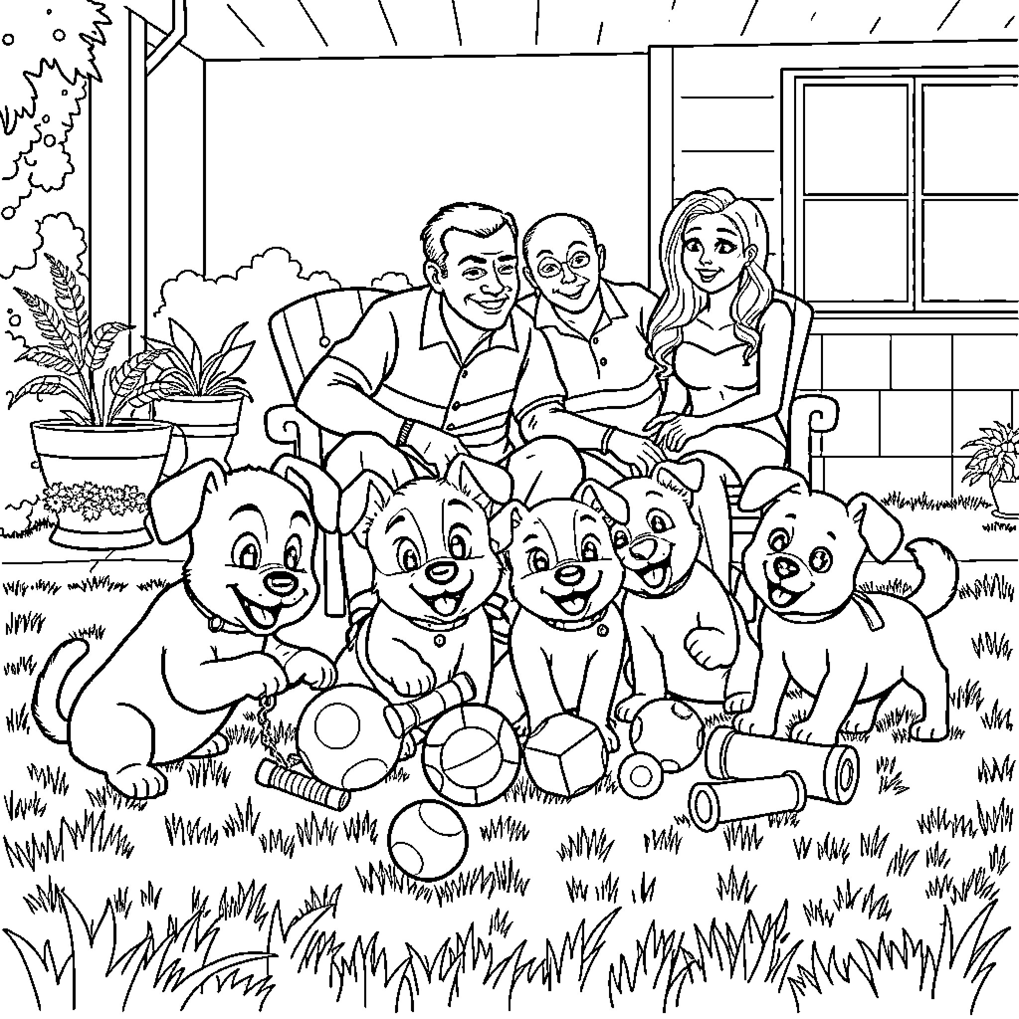 Bluey Family Playing with Puppy Pals in the Yard Coloring Page (free black-and-white line drawing printable PDF for all, from beginners to advanced learners, including children, teens, adults, and seniors)