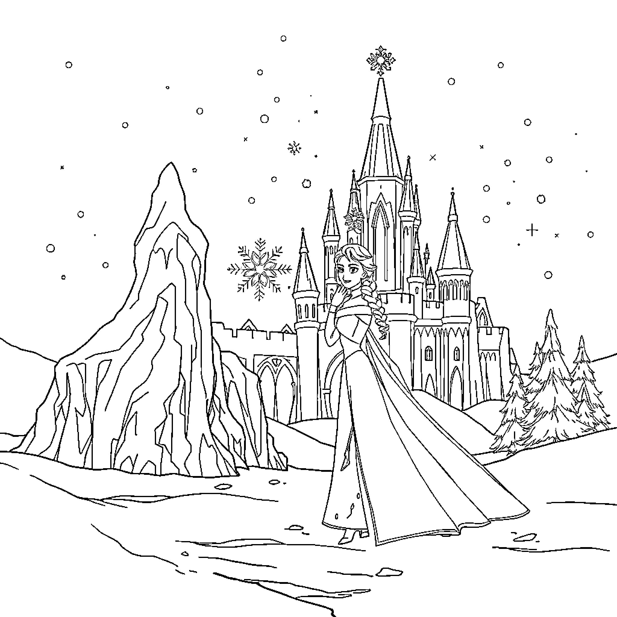 Elsa's Enchanting Winter Wonderland Coloring Page (free black-and-white line drawing printable PDF for all, from beginners to advanced learners, including children, teens, adults, and seniors)