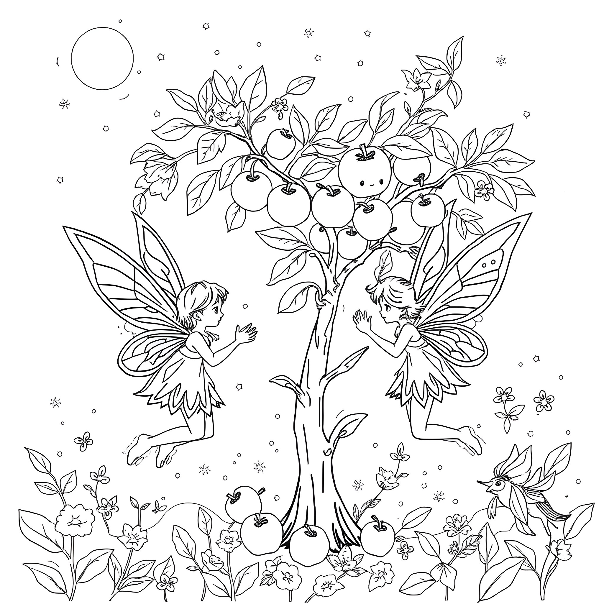 Fairy Fairies Gathering Around a Fruit Tree Coloring Page (free black-and-white line drawing printable PDF for all, from beginners to advanced learners, including children, teens, adults, and seniors)