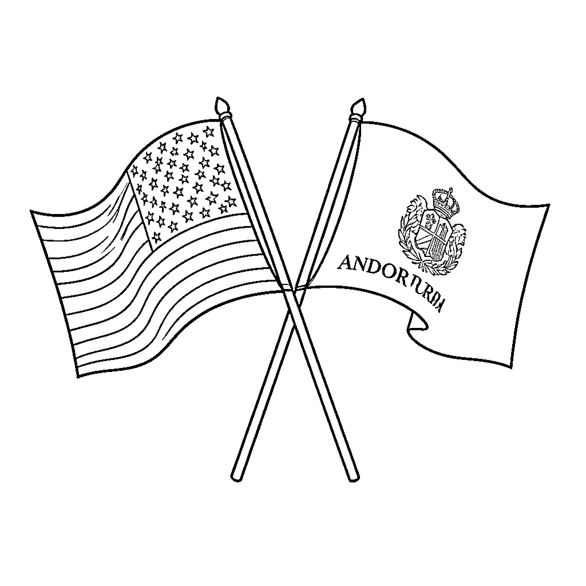 Flag of Andorra and United States waving together Coloring Page (free black-and-white line drawing printable PDF for all, from beginners to advanced learners, including children, teens, adults, and seniors)