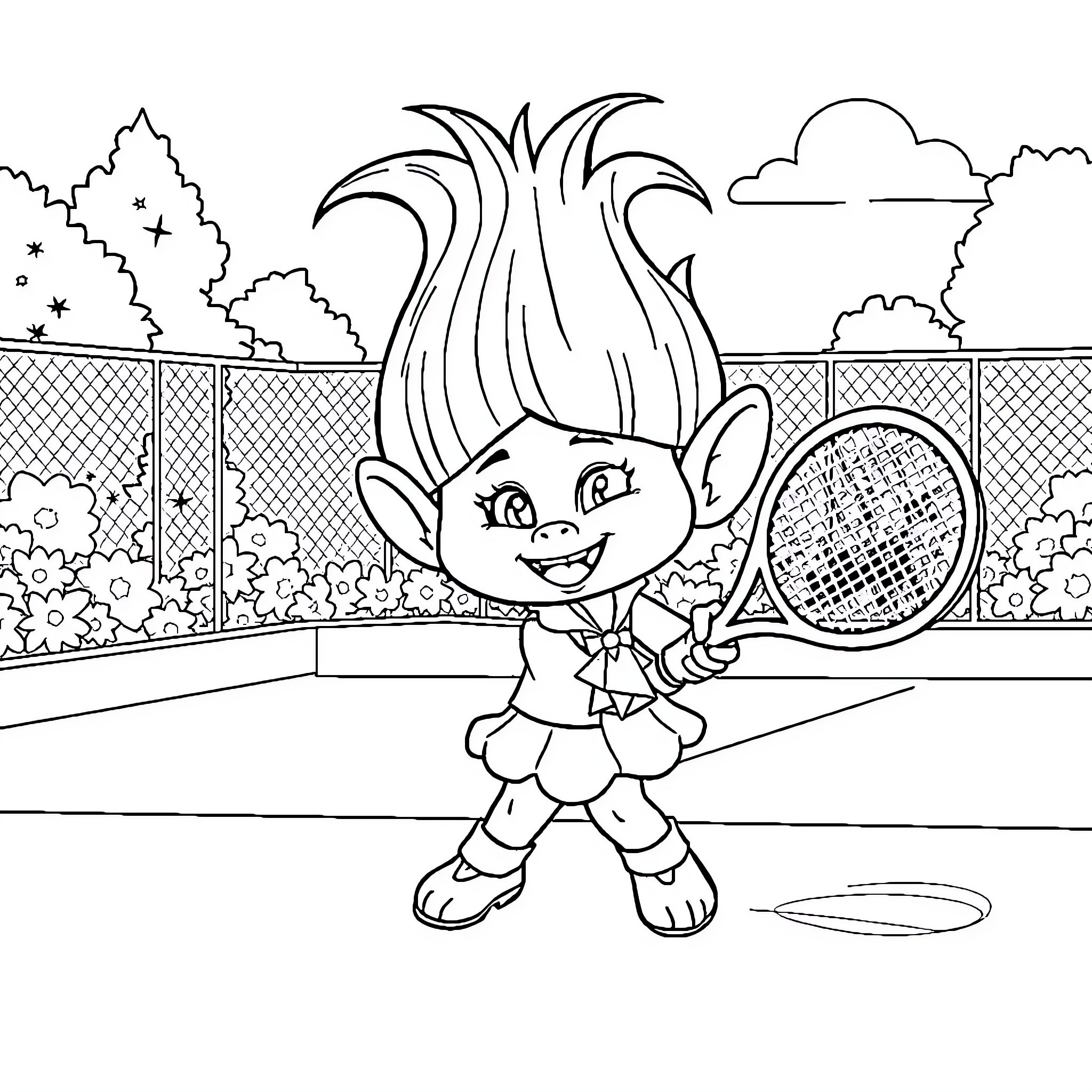 Poppy playing with tennis racket on court Coloring Page (free black-and-white line drawing printable PDF for all, from beginners to advanced learners, including children, teens, adults, and seniors)