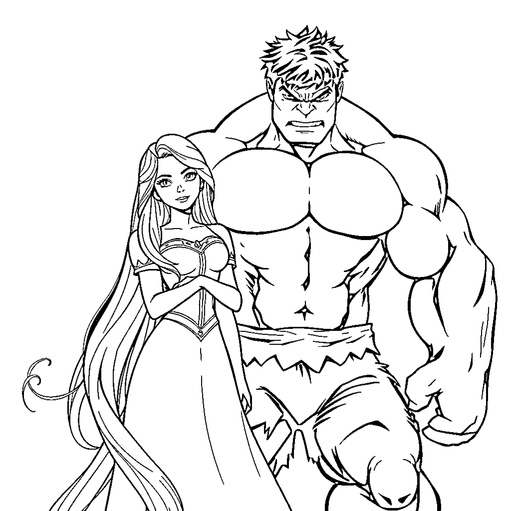 Hulk and companion in heroic pose Coloring Page (free black-and-white line drawing printable PDF for all, from beginners to advanced learners, including children, teens, adults, and seniors)