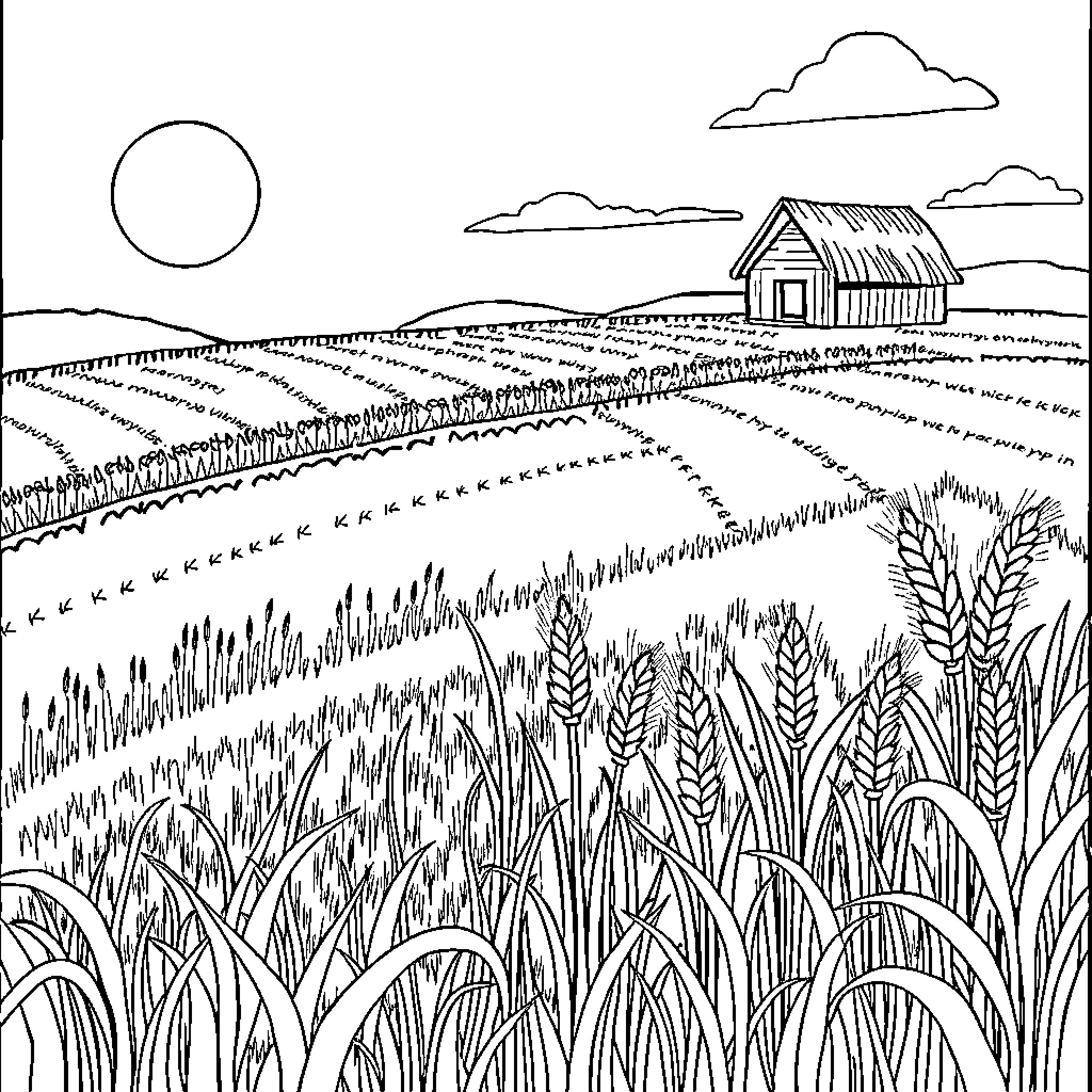 Farmer tending to a bountiful wheat field Coloring Page (free black-and-white line drawing printable PDF for all, from beginners to advanced learners, including children, teens, adults, and seniors)