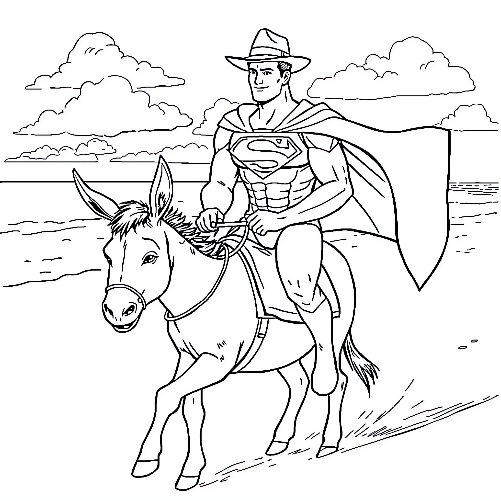 Superman riding a donkey by the beach Coloring Page (free black-and-white line drawing printable PDF for all, from beginners to advanced learners, including children, teens, adults, and seniors)