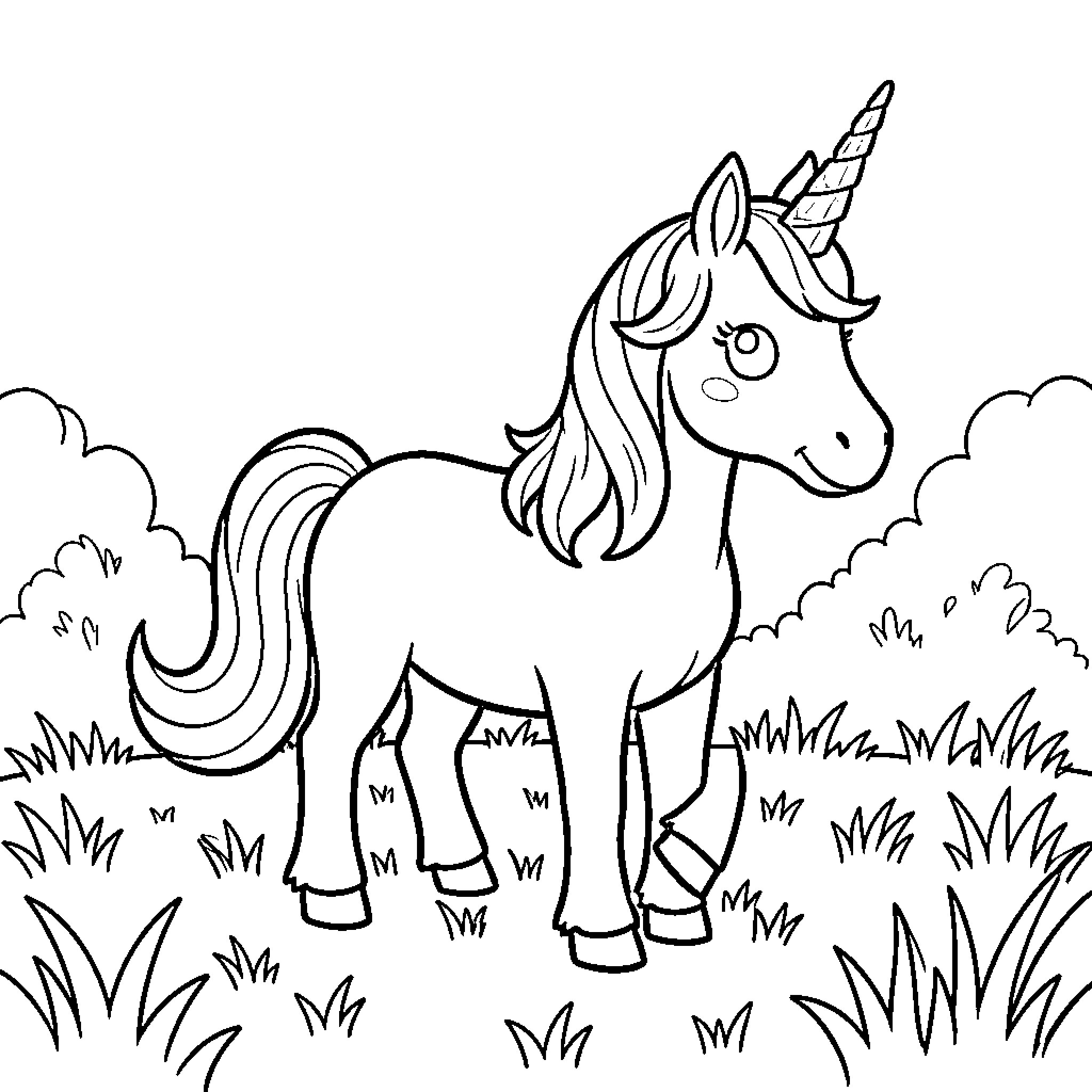 Unicorn standing peacefully in a grassy meadow Coloring Page (free black-and-white line drawing printable PDF for all, from beginners to advanced learners, including children, teens, adults, and seniors)