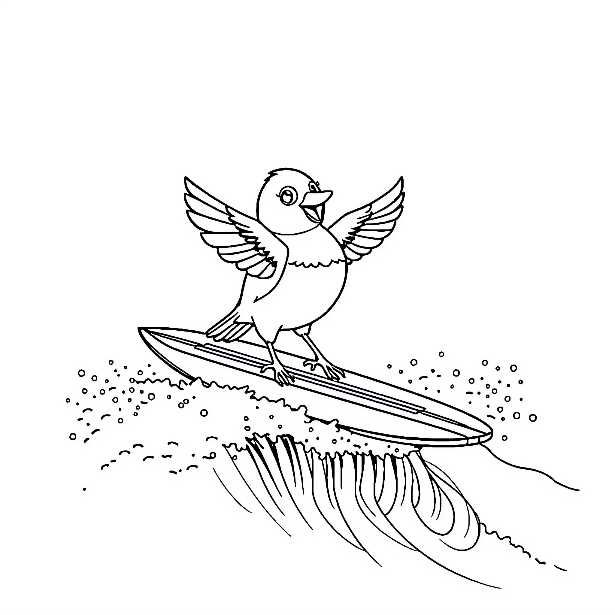 Bird surfing on ocean waves Coloring Page (free black-and-white line drawing printable PDF for all, from beginners to advanced learners, including children, teens, adults, and seniors)
