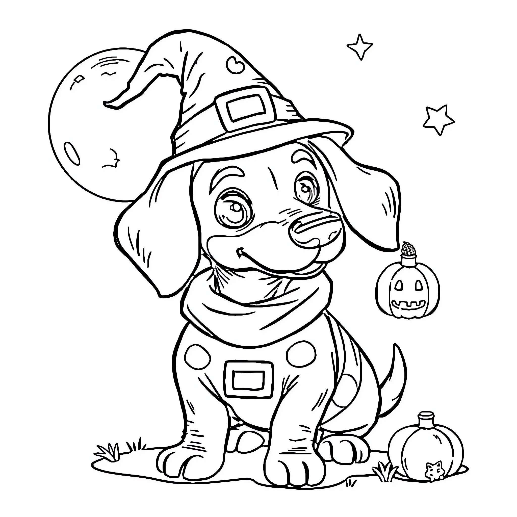 Dachshund dressed as Halloween witch with pumpkin Coloring Page (free black-and-white line drawing printable PDF for all, from beginners to advanced learners, including children, teens, adults, and seniors)
