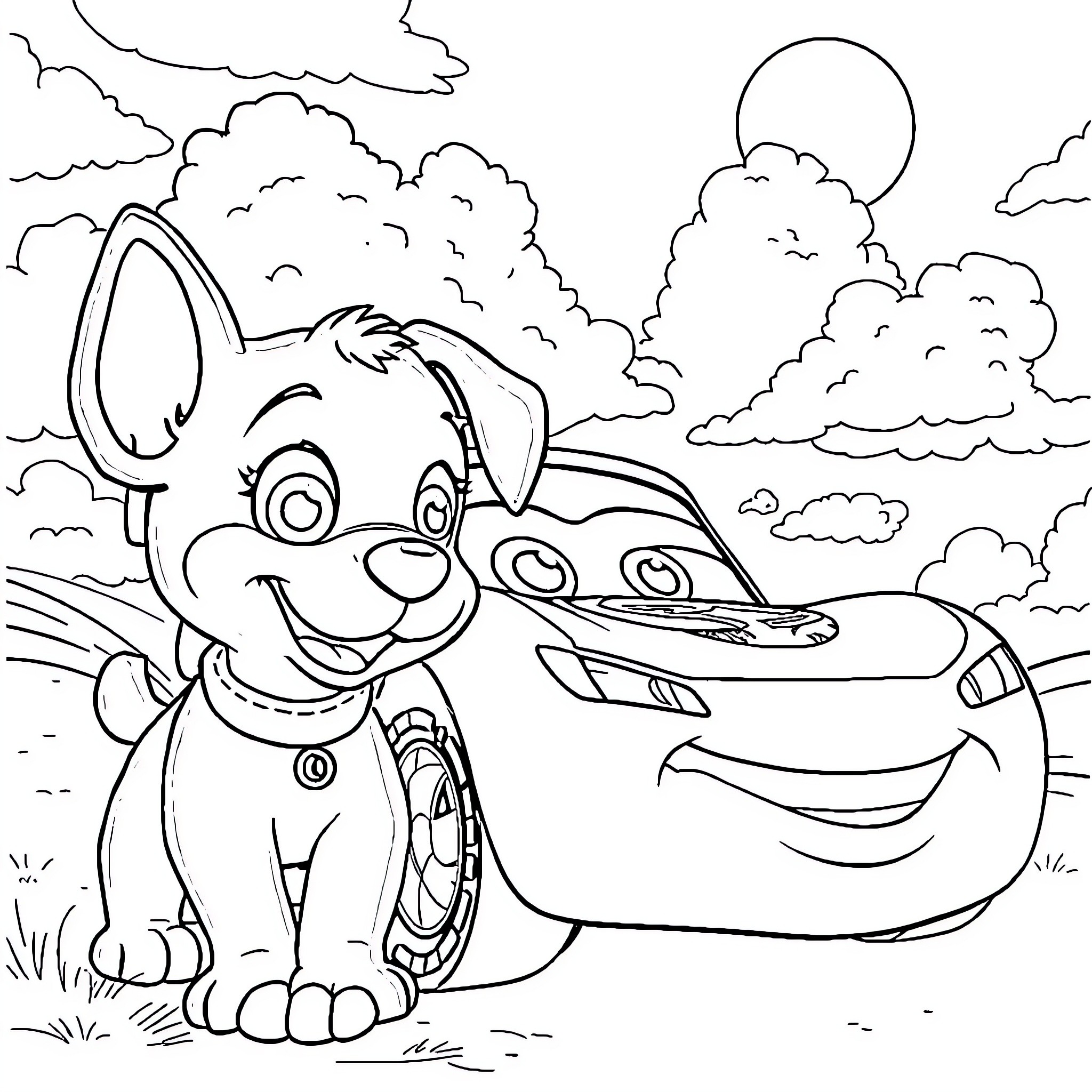 Bluey and her vehicle enjoying an outdoor adventure Coloring Page (free black-and-white line drawing printable PDF for all, from beginners to advanced learners, including children, teens, adults, and seniors)