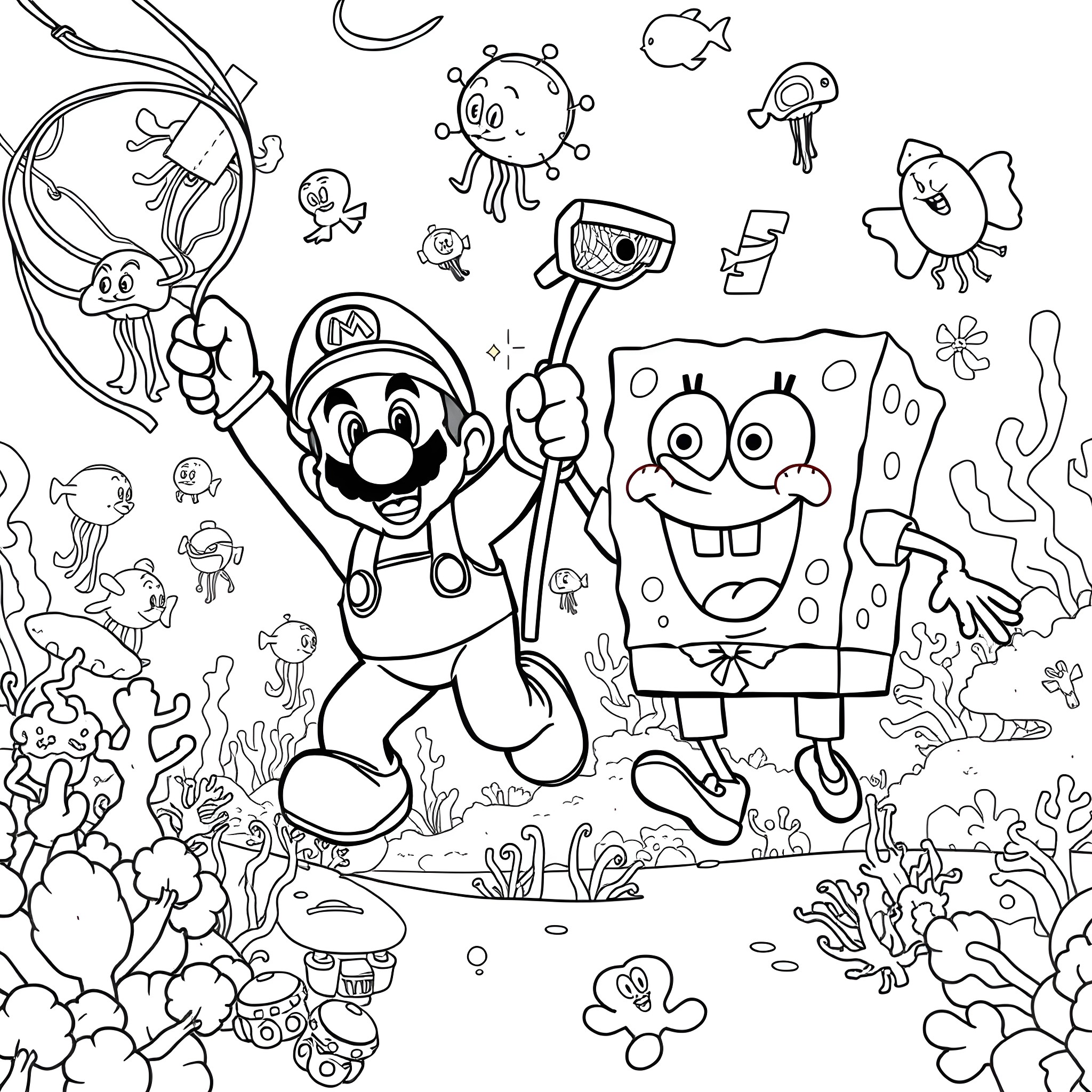 Super Mario and SpongeBob's Underwater Adventure Coloring Page (free black-and-white line drawing printable PDF for all, from beginners to advanced learners, including children, teens, adults, and seniors)