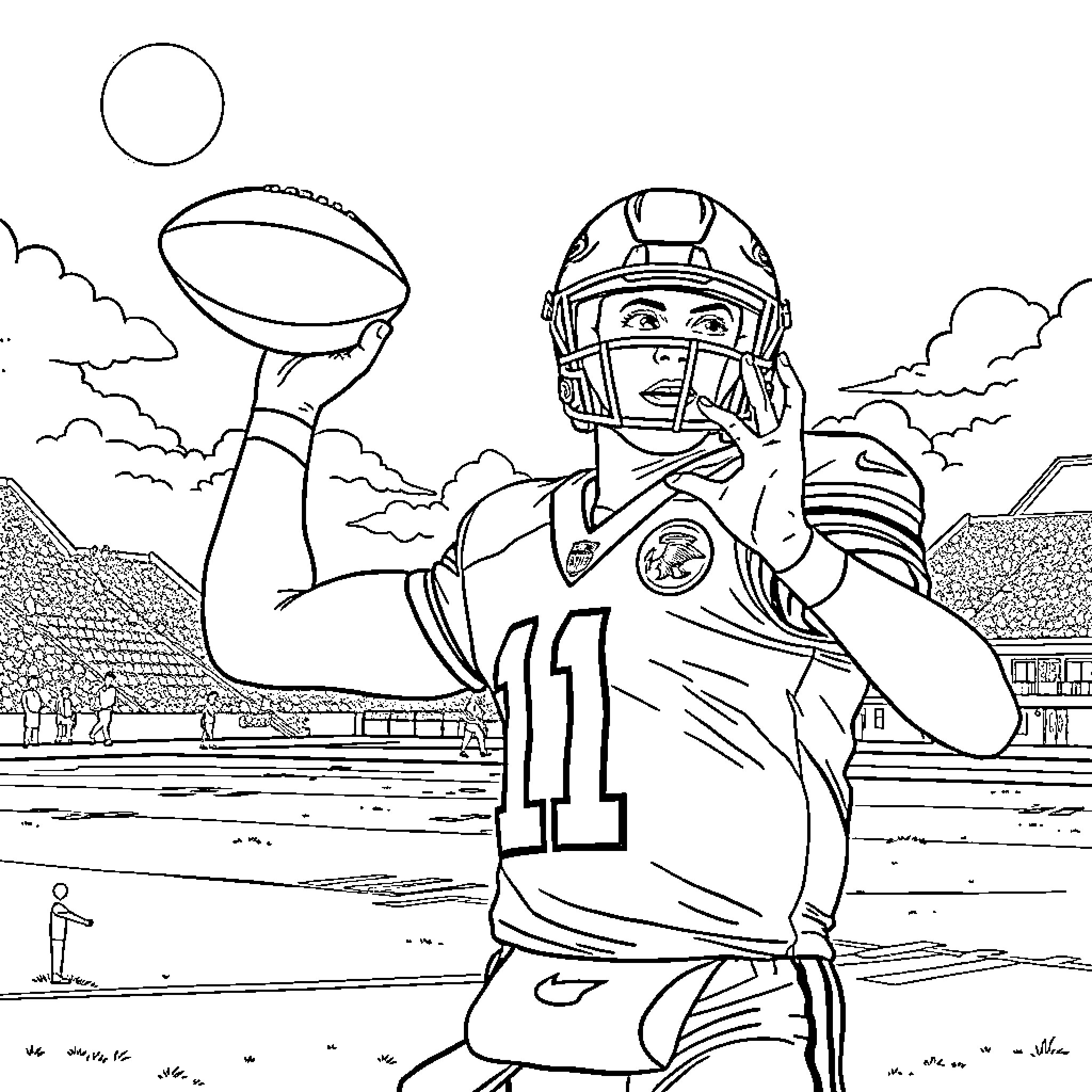 Mahomes Celebrates Touchdown on Football Field Coloring Page (free black-and-white line drawing printable PDF for all, from beginners to advanced learners, including children, teens, adults, and seniors)