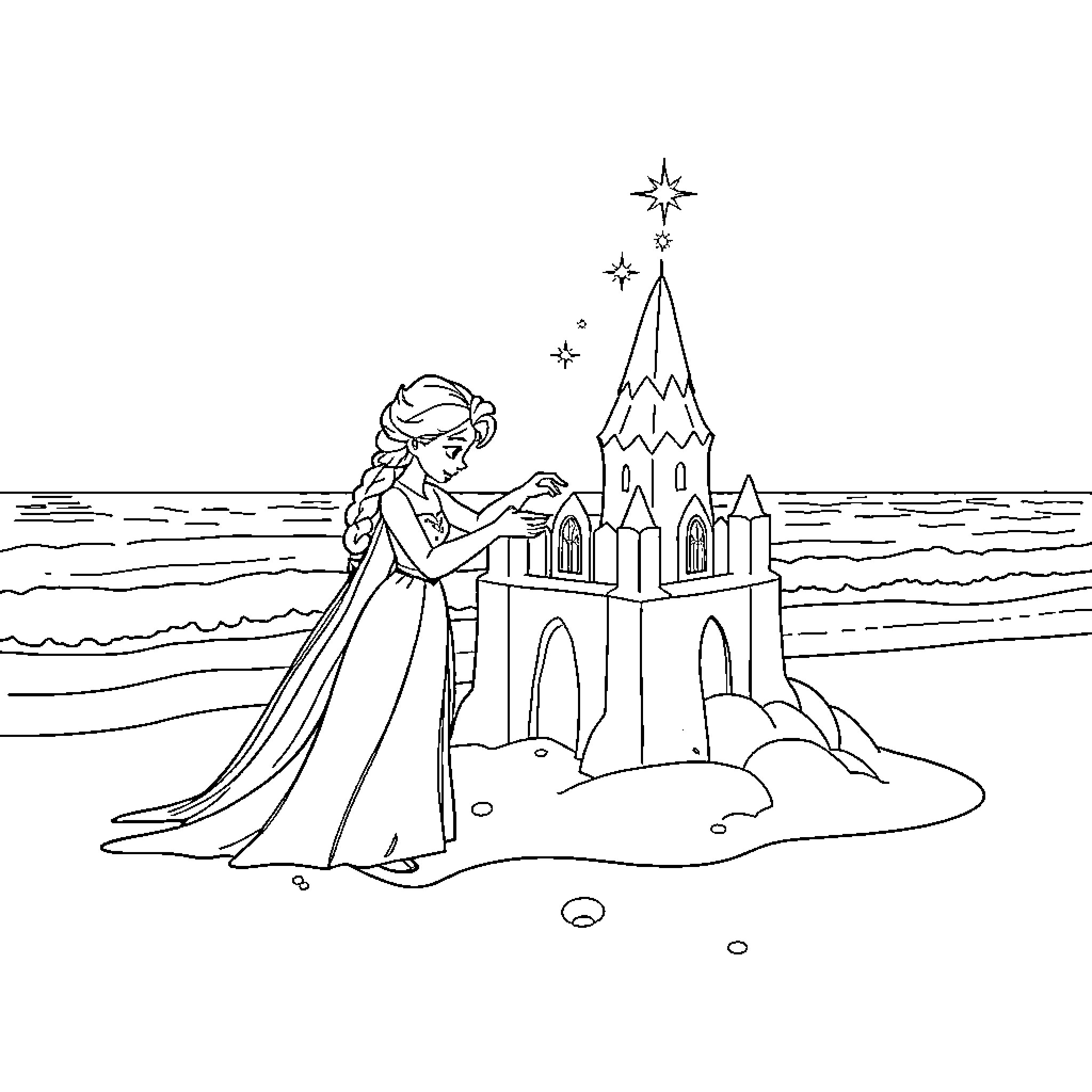 Elsa building a magical ice castle on the beach Coloring Page (free black-and-white line drawing printable PDF for all, from beginners to advanced learners, including children, teens, adults, and seniors)