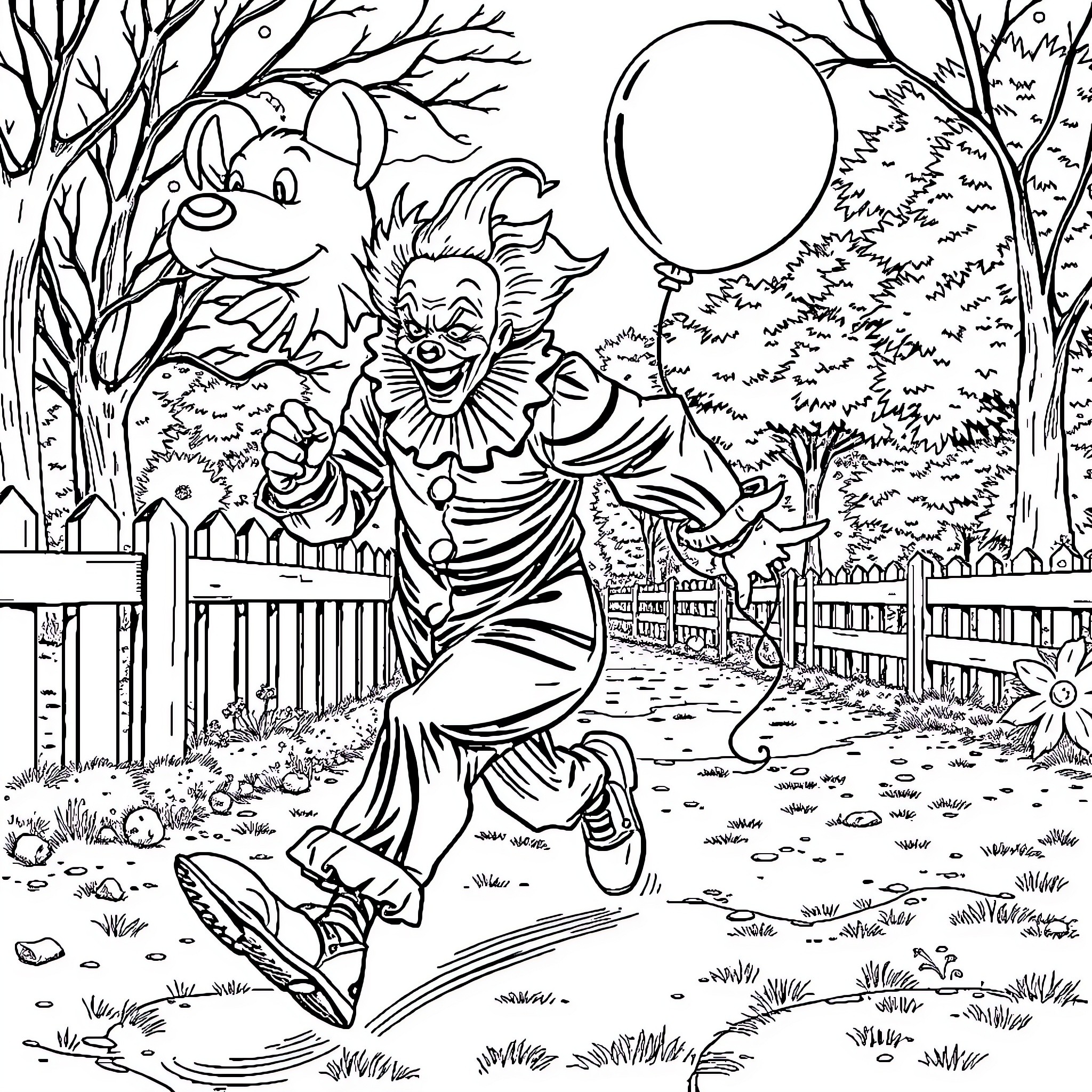 Clown chasing and playing with balloon in the park Coloring Page (free black-and-white line drawing printable PDF for all, from beginners to advanced learners, including children, teens, adults, and seniors)