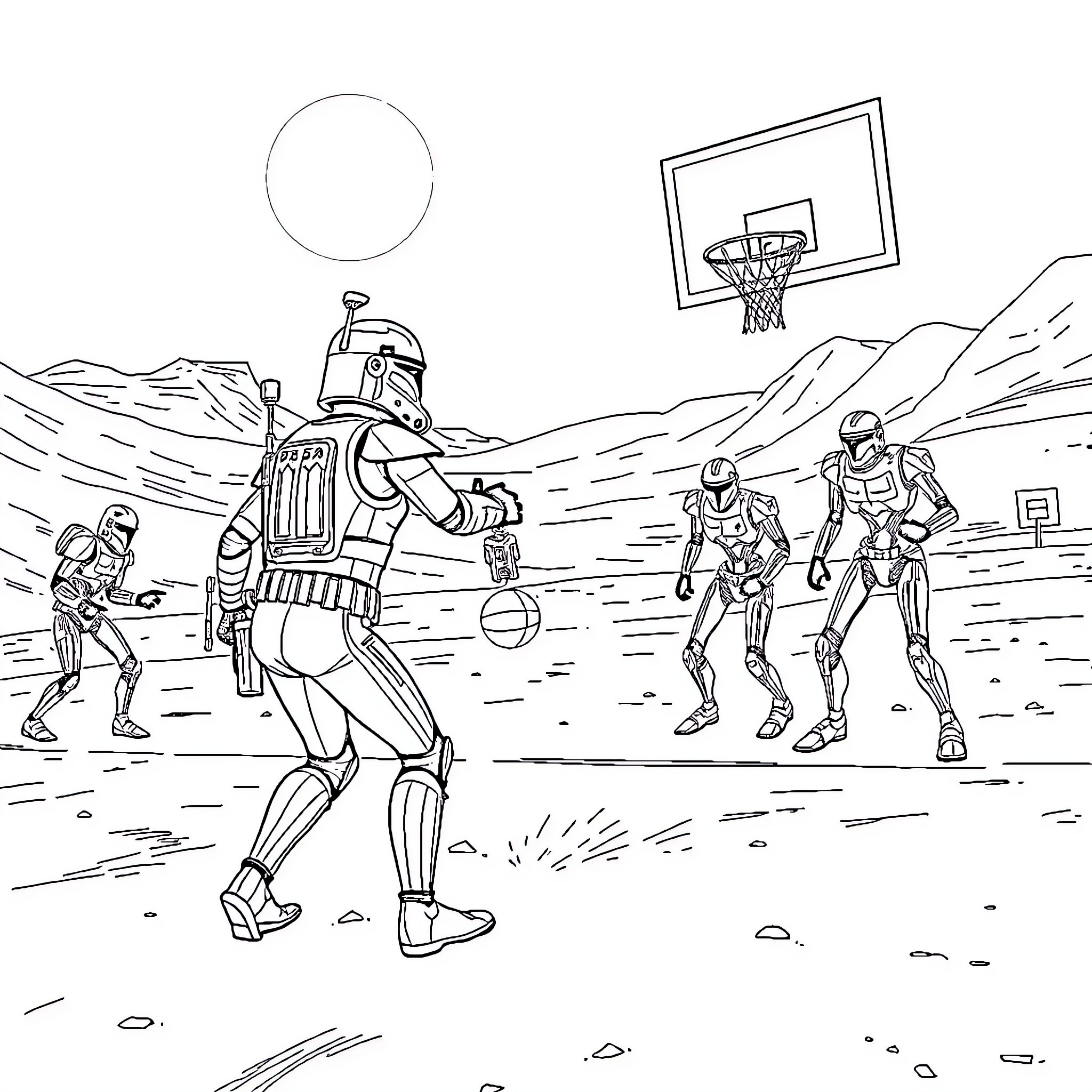 Clone Troopers Playing Basketball on Alien Planet Coloring Page (free black-and-white line drawing printable PDF for all, from beginners to advanced learners, including children, teens, adults, and seniors)