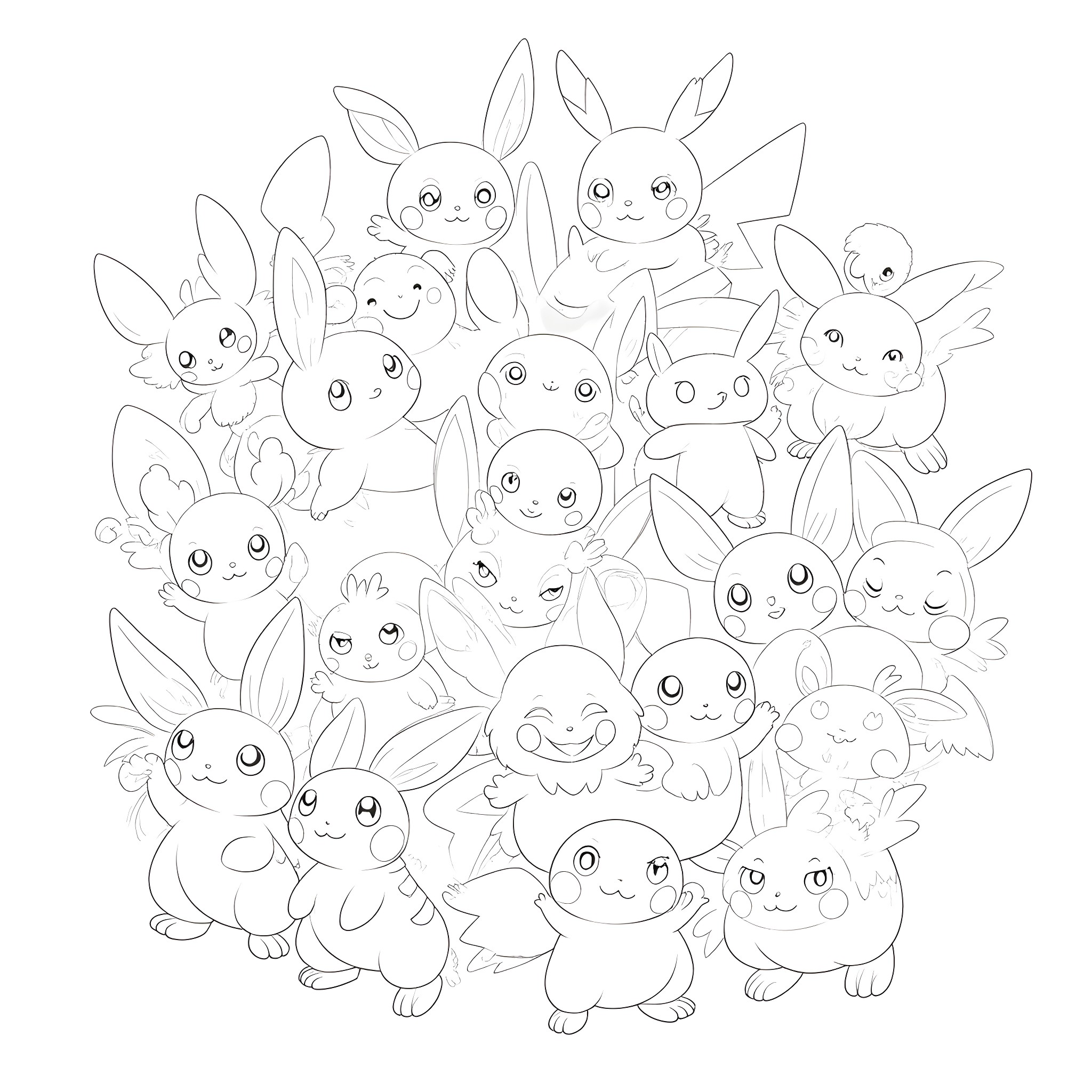 Pokémon characters gathered together in a group Coloring Page (free black-and-white line drawing printable PDF for all, from beginners to advanced learners, including children, teens, adults, and seniors)