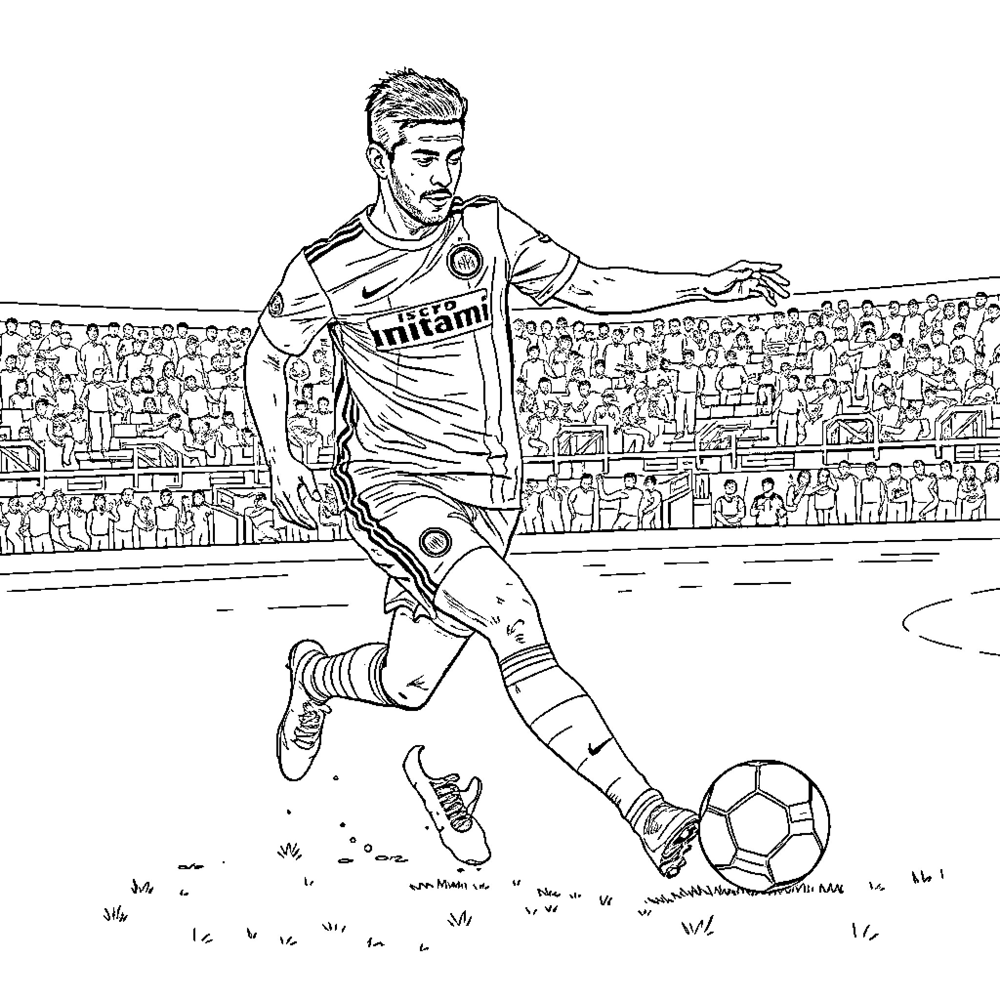 Luis Suarez celebrating a goal in football stadium Coloring Page (free black-and-white line drawing printable PDF for all, from beginners to advanced learners, including children, teens, adults, and seniors)