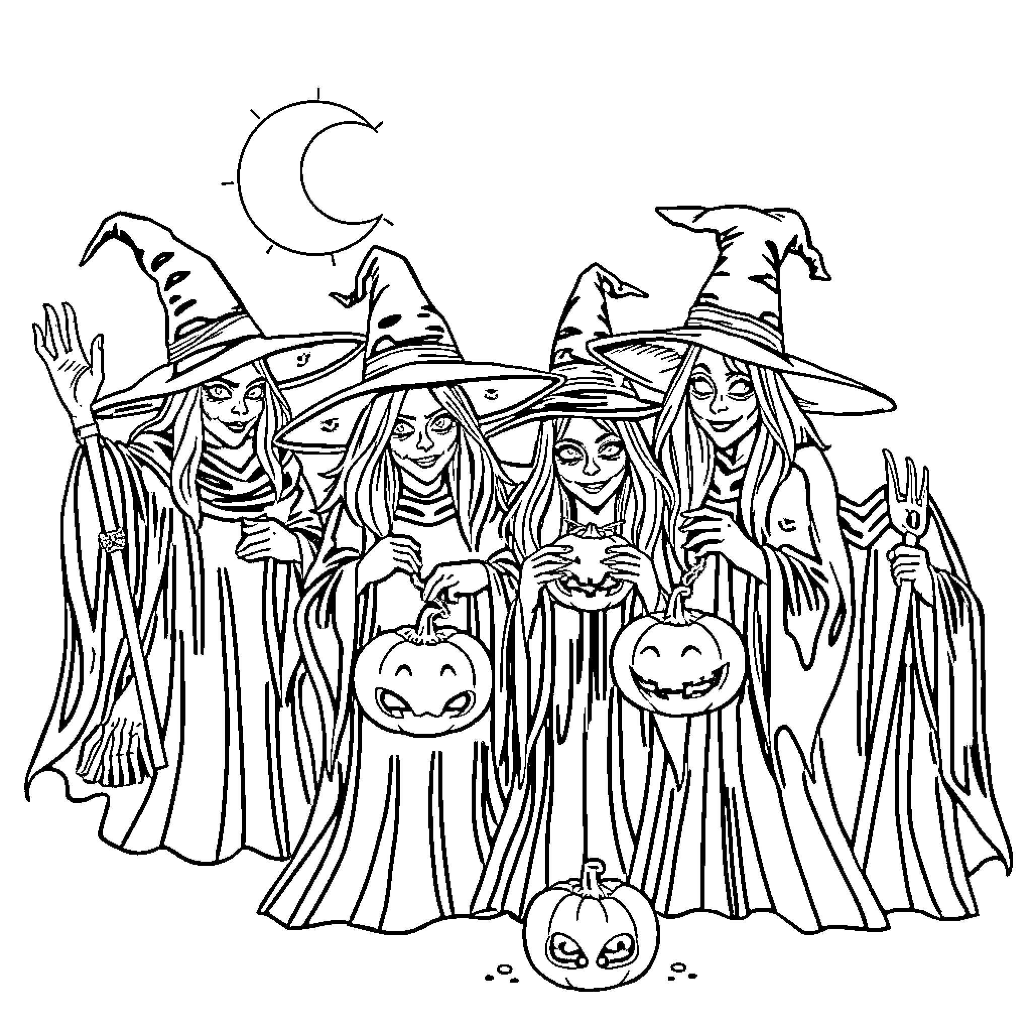 Witch Coven Celebrating Halloween in the Moonlight Coloring Page (free black-and-white line drawing printable PDF for all, from beginners to advanced learners, including children, teens, adults, and seniors)