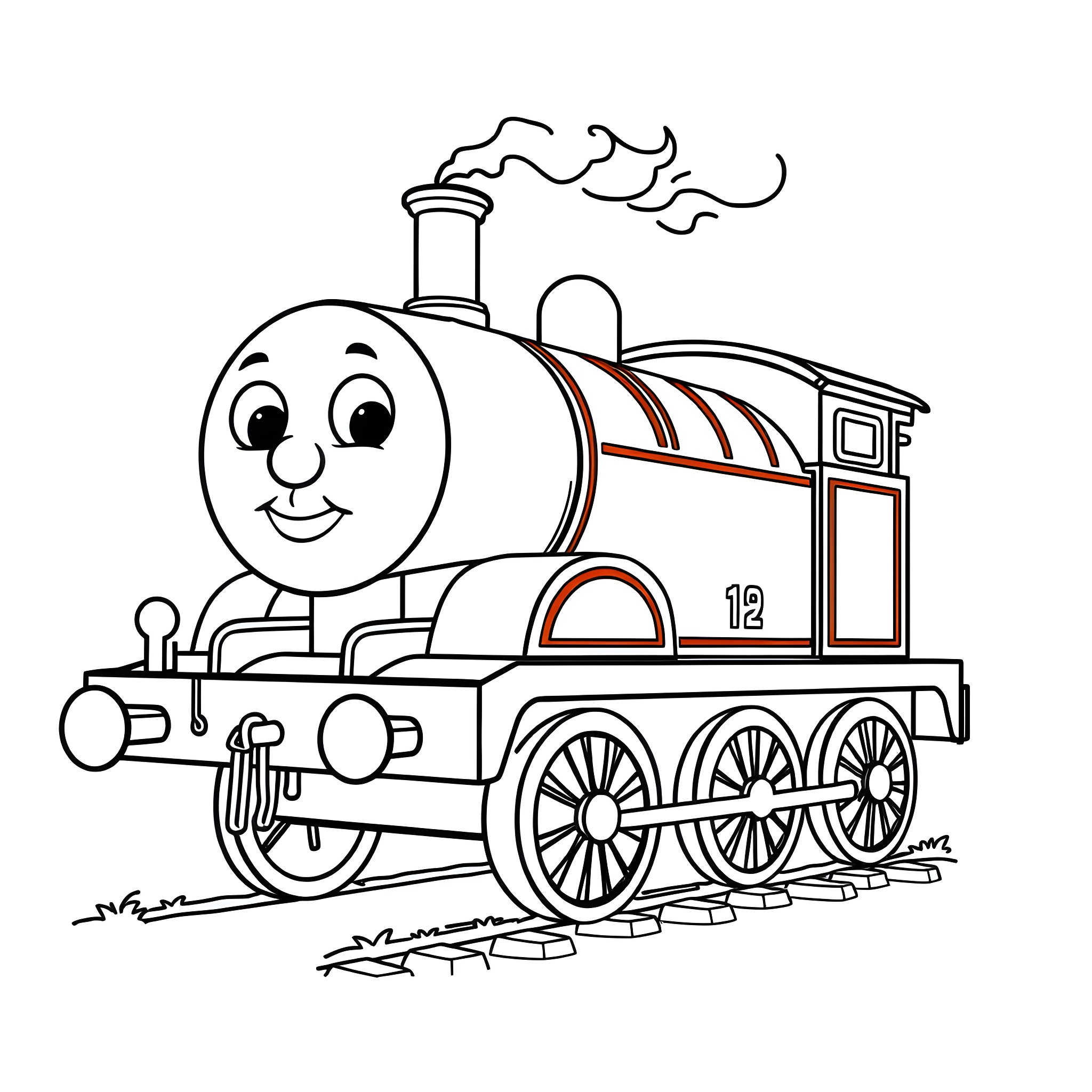 Thomas the Tank Engine Happily Chugging Along Coloring Page (free black-and-white line drawing printable PDF for all, from beginners to advanced learners, including children, teens, adults, and seniors)