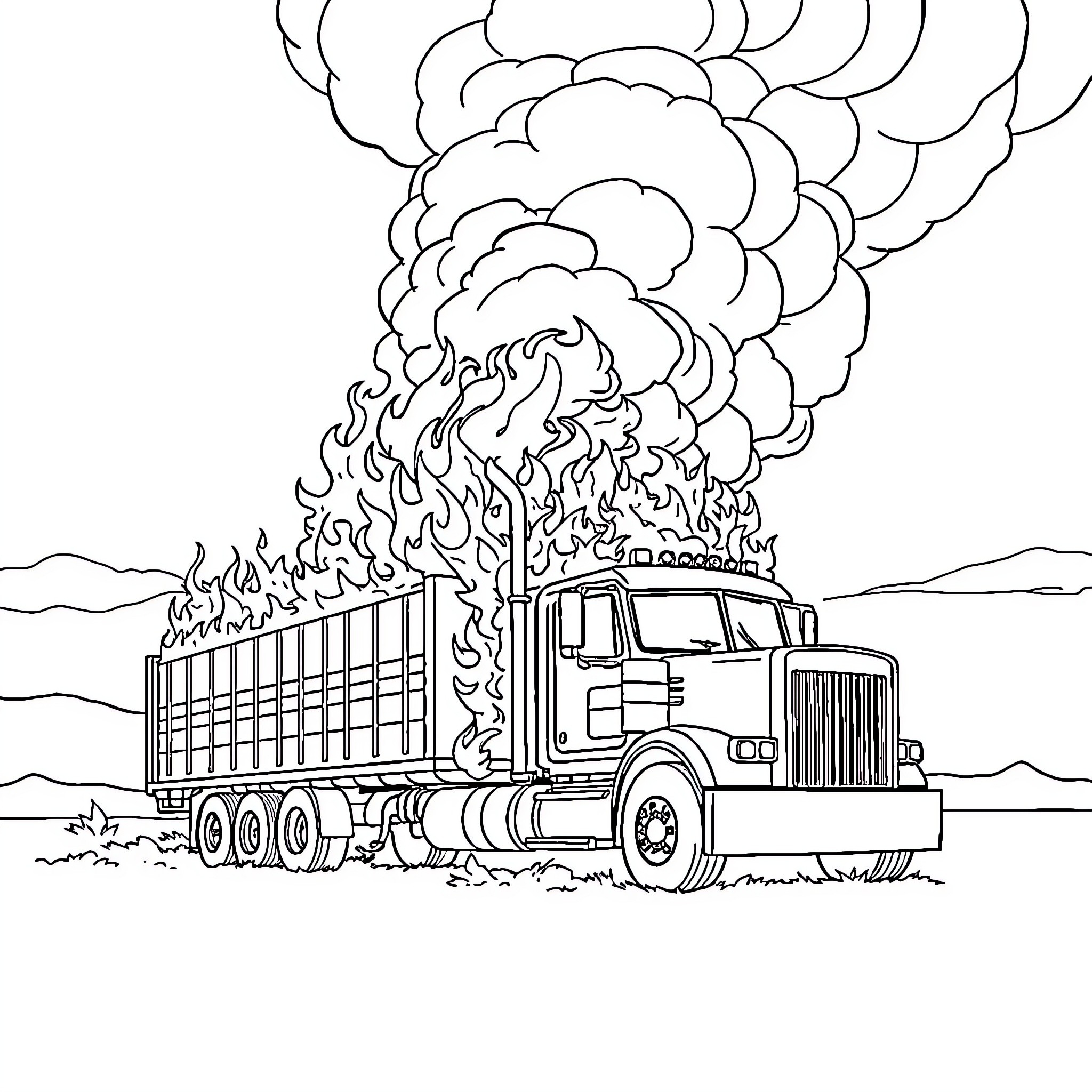 Truck Engulfed in Flames on a Desolate Road Coloring Page (free black-and-white line drawing printable PDF for all, from beginners to advanced learners, including children, teens, adults, and seniors)
