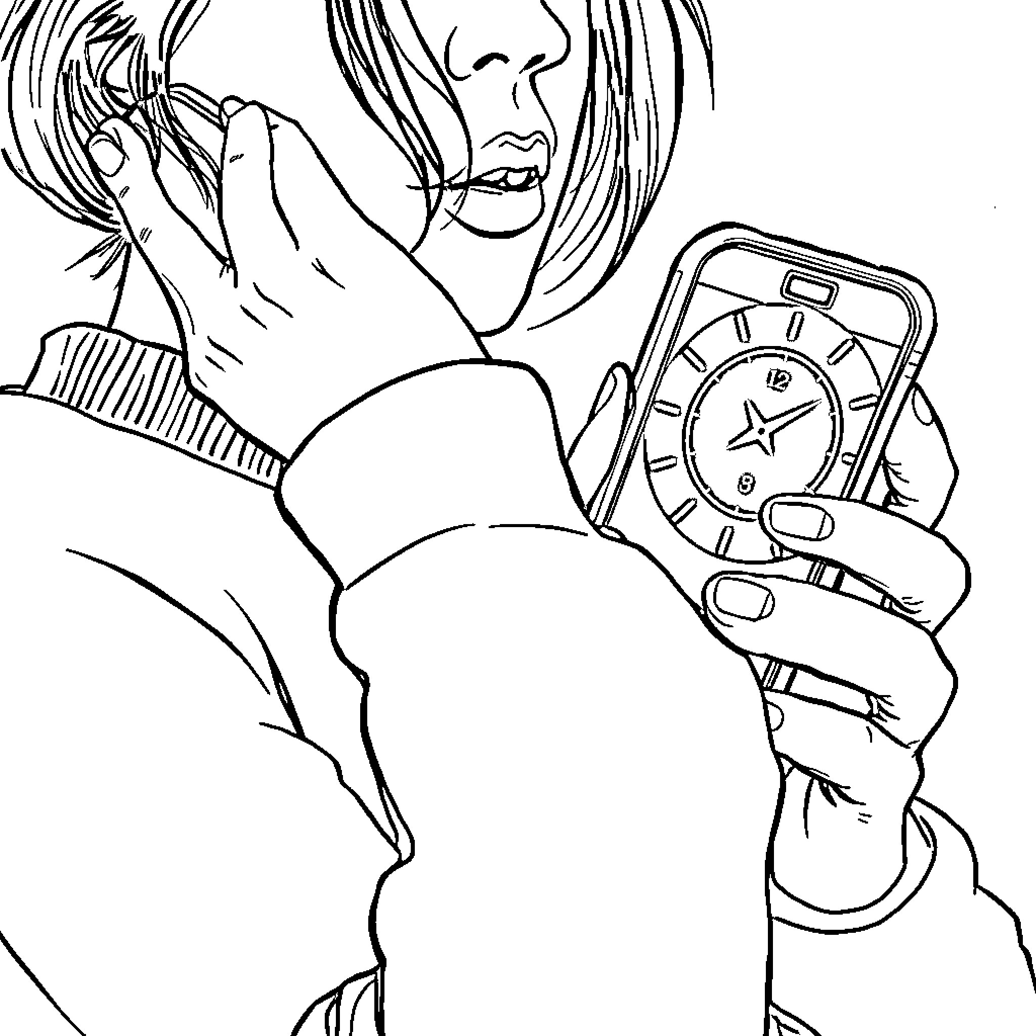 Telephone call with concerned expression Coloring Page (free black-and-white line drawing printable PDF for all, from beginners to advanced learners, including children, teens, adults, and seniors)