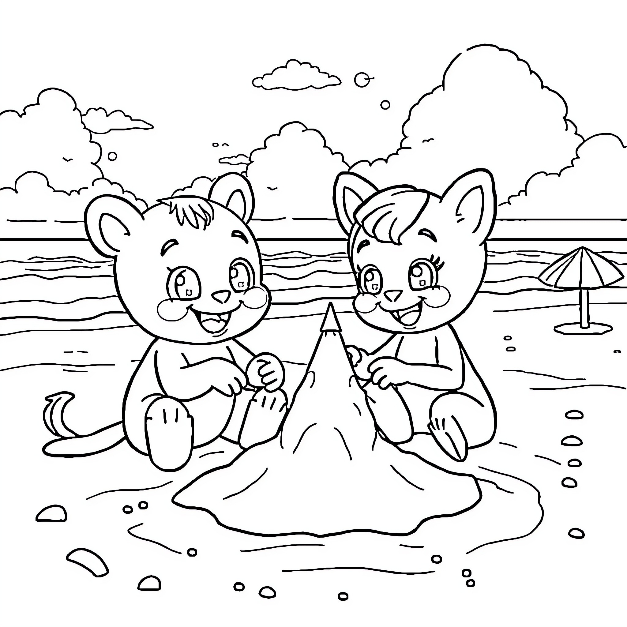 Bingo kittens playing in the beach sandbox Coloring Page (free black-and-white line drawing printable PDF for all, from beginners to advanced learners, including children, teens, adults, and seniors)