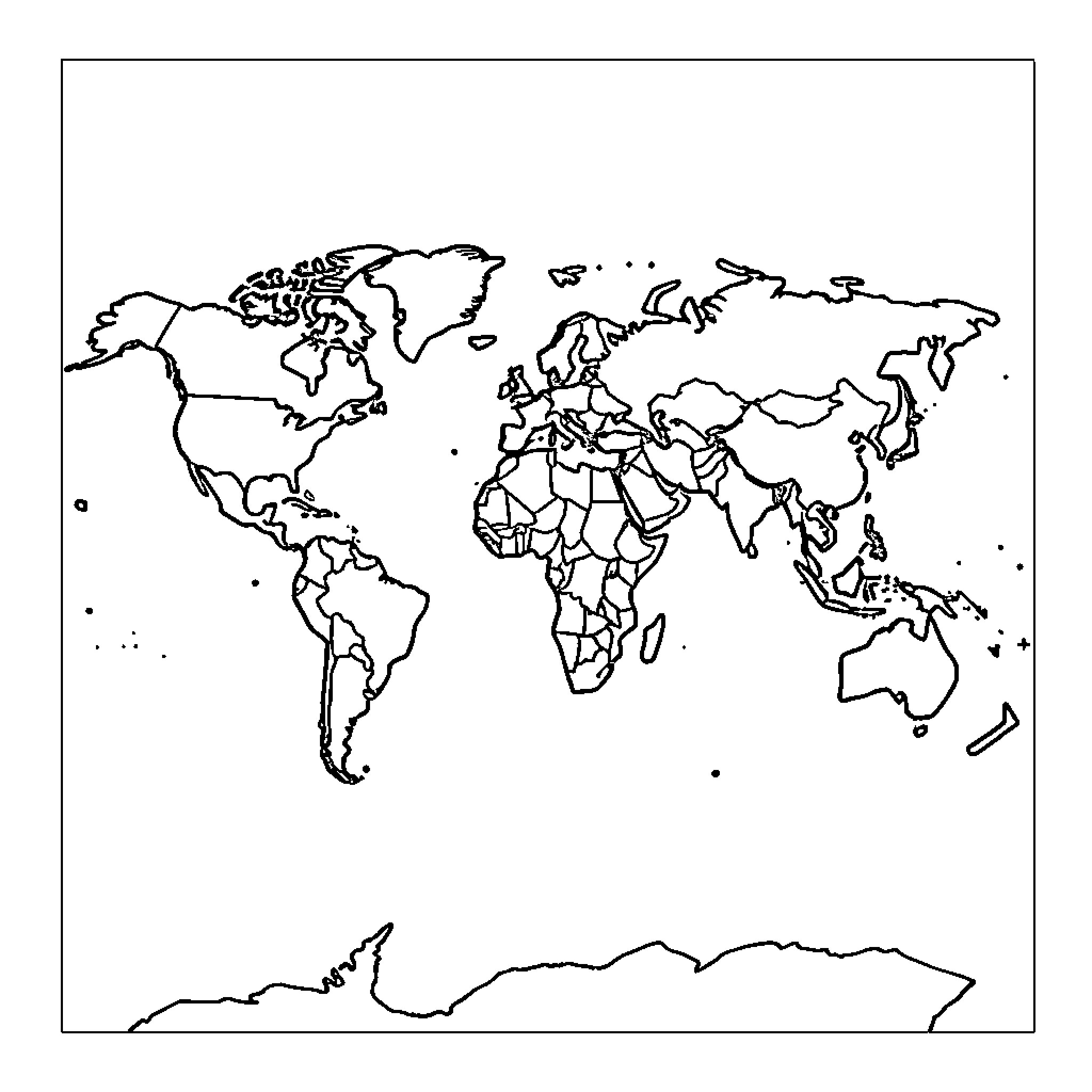 World Map of Continents and Countries Coloring Page (free black-and-white line drawing printable PDF for all, from beginners to advanced learners, including children, teens, adults, and seniors)