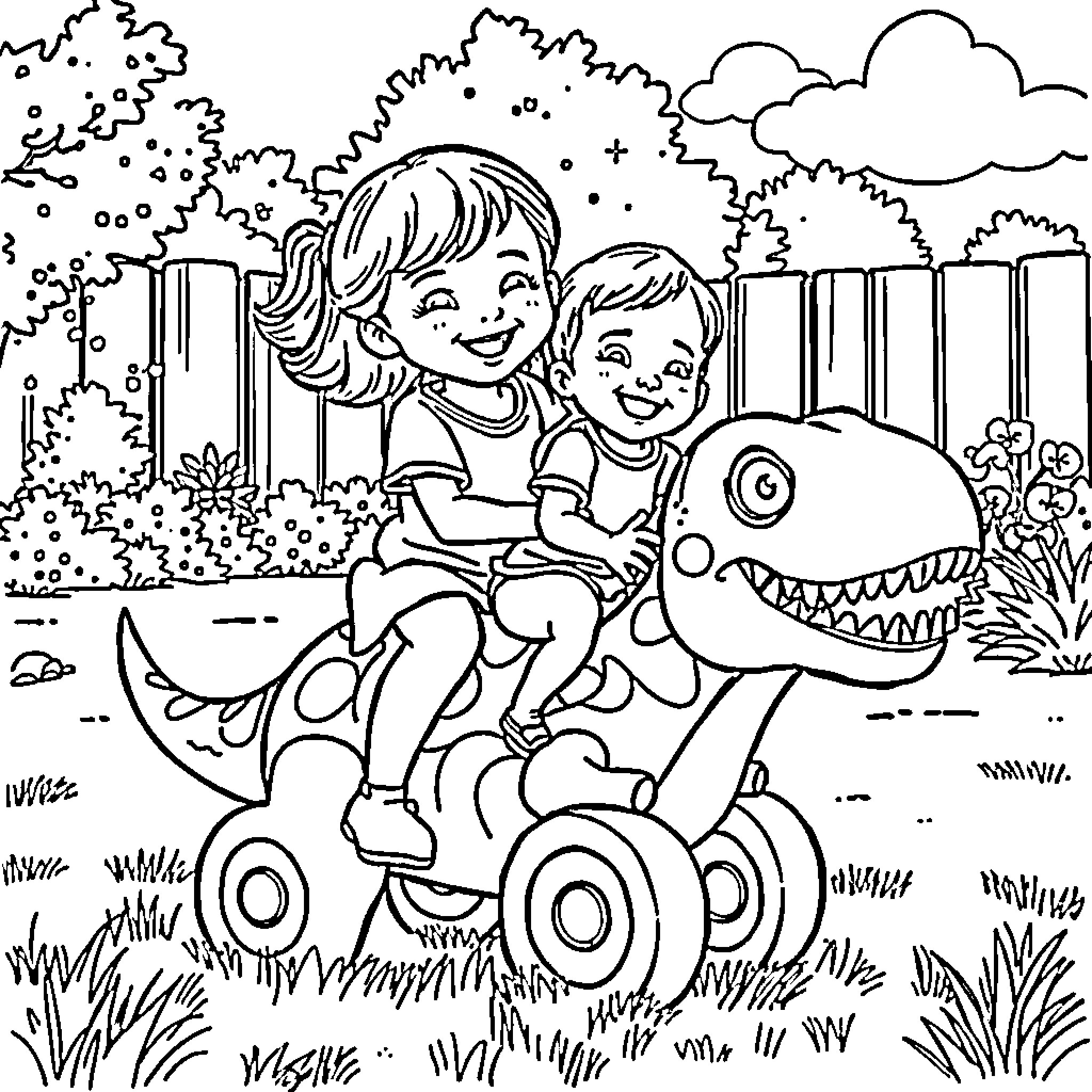 Dinosaur Ride with Smiling Children Coloring Page (free black-and-white line drawing printable PDF for all, from beginners to advanced learners, including children, teens, adults, and seniors)