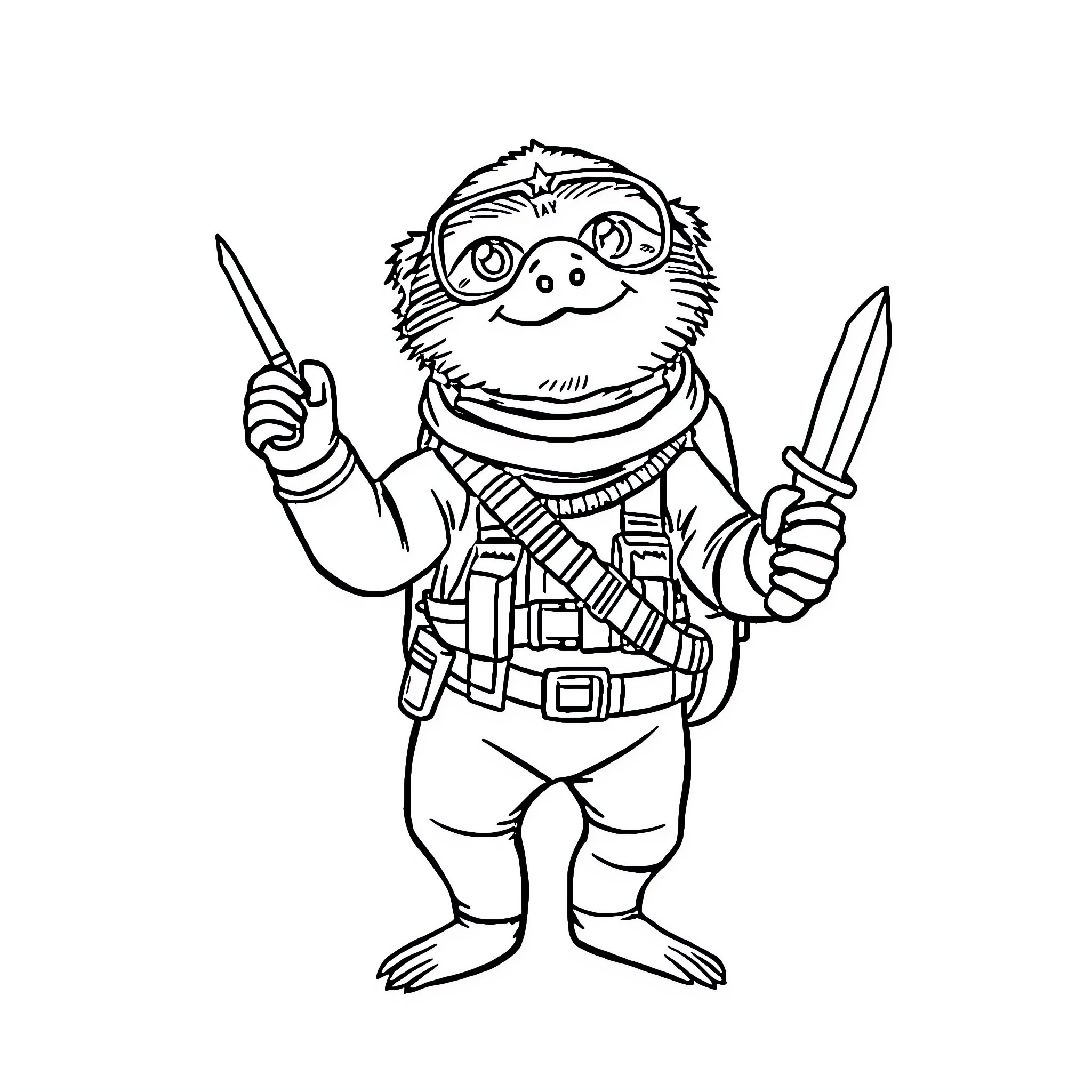 Sid the Adventurous Sloth with Gear and Weapons Coloring Page (free black-and-white line drawing printable PDF for all, from beginners to advanced learners, including children, teens, adults, and seniors)
