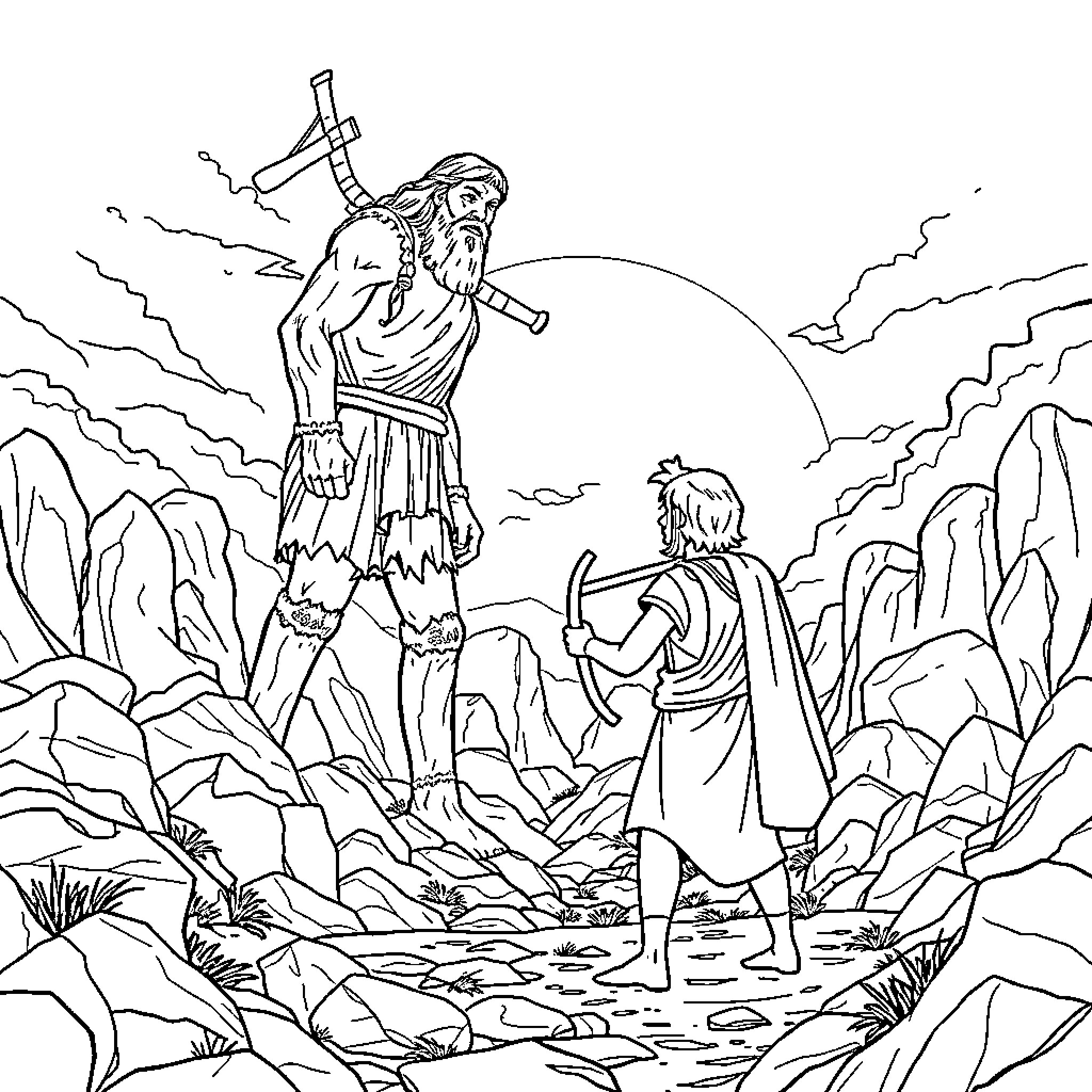 David and Goliath standing in a rocky landscape Coloring Page (free black-and-white line drawing printable PDF for all, from beginners to advanced learners, including children, teens, adults, and seniors)