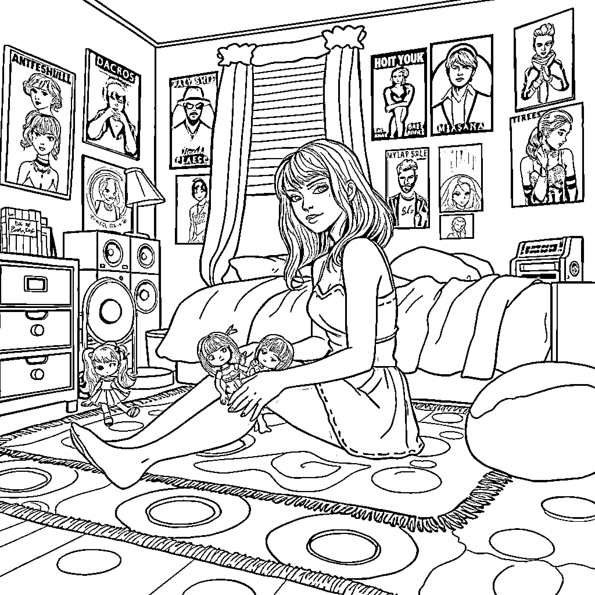 Taylor Swift surrounded by memorabilia in her bedroom Coloring Page (free black-and-white line drawing printable PDF for all, from beginners to advanced learners, including children, teens, adults, and seniors)