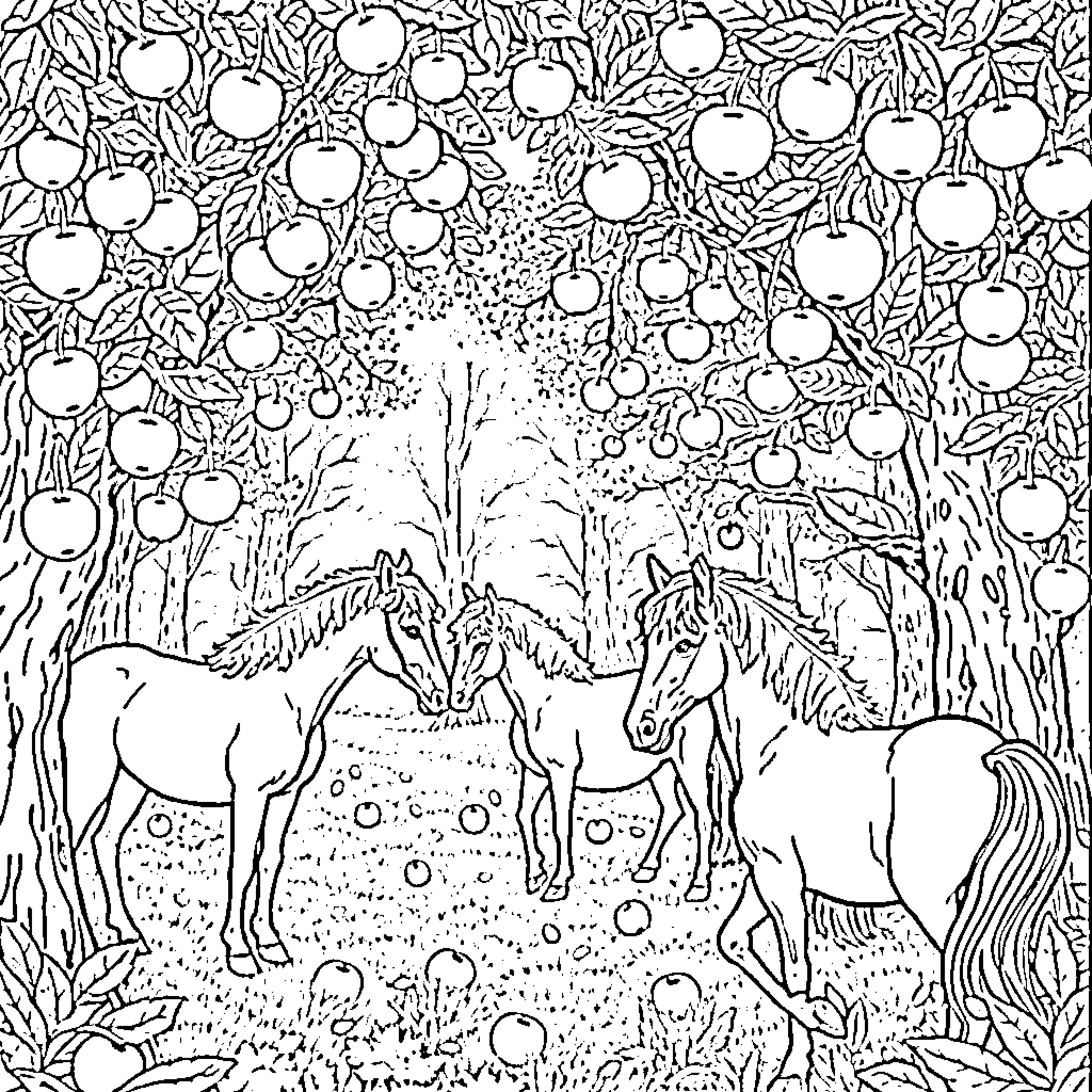 Horse Couple in Enchanted Orchard Coloring Page (free black-and-white line drawing printable PDF for all, from beginners to advanced learners, including children, teens, adults, and seniors)