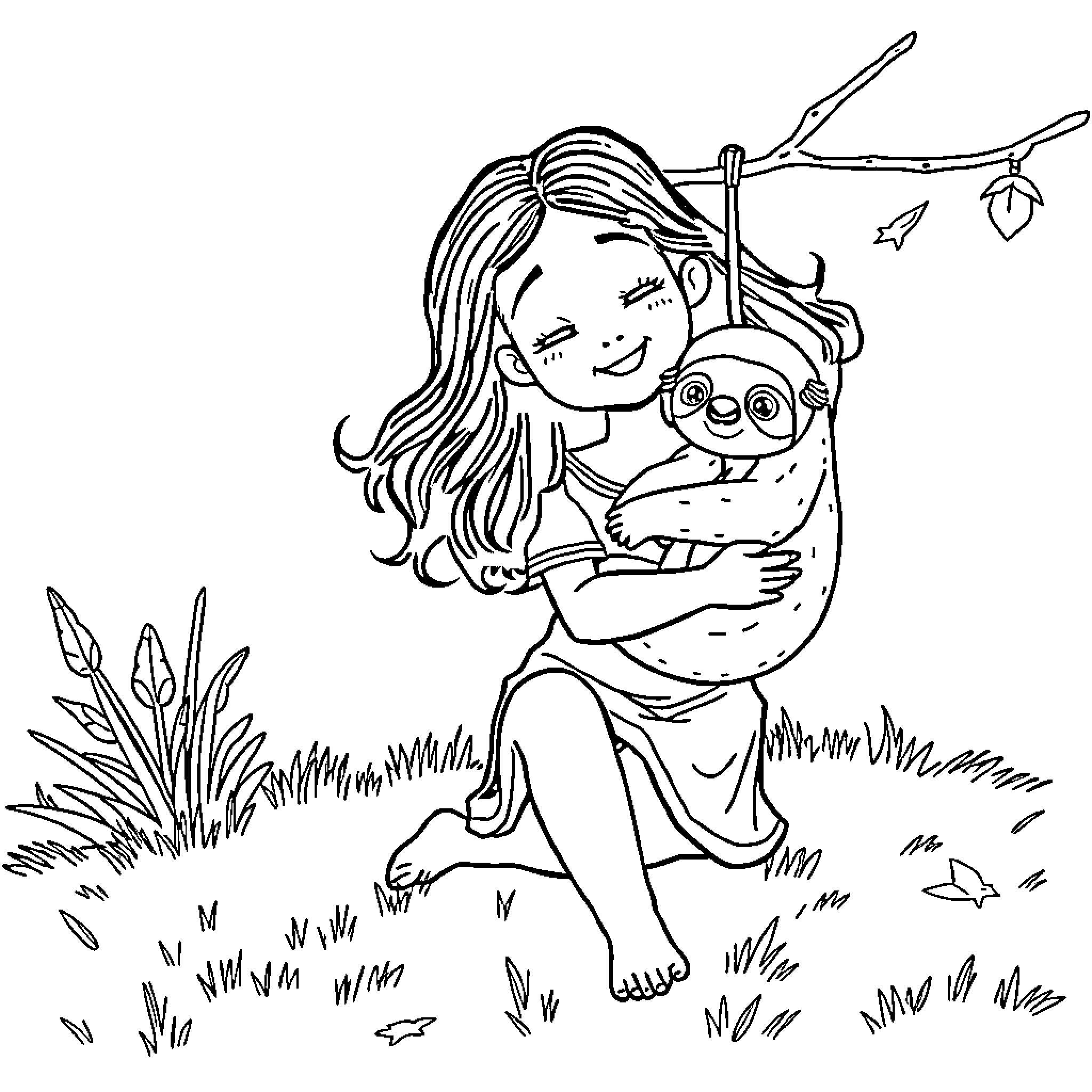 Girl hugs a small creature in nature Coloring Page (free black-and-white line drawing printable PDF for all, from beginners to advanced learners, including children, teens, adults, and seniors)