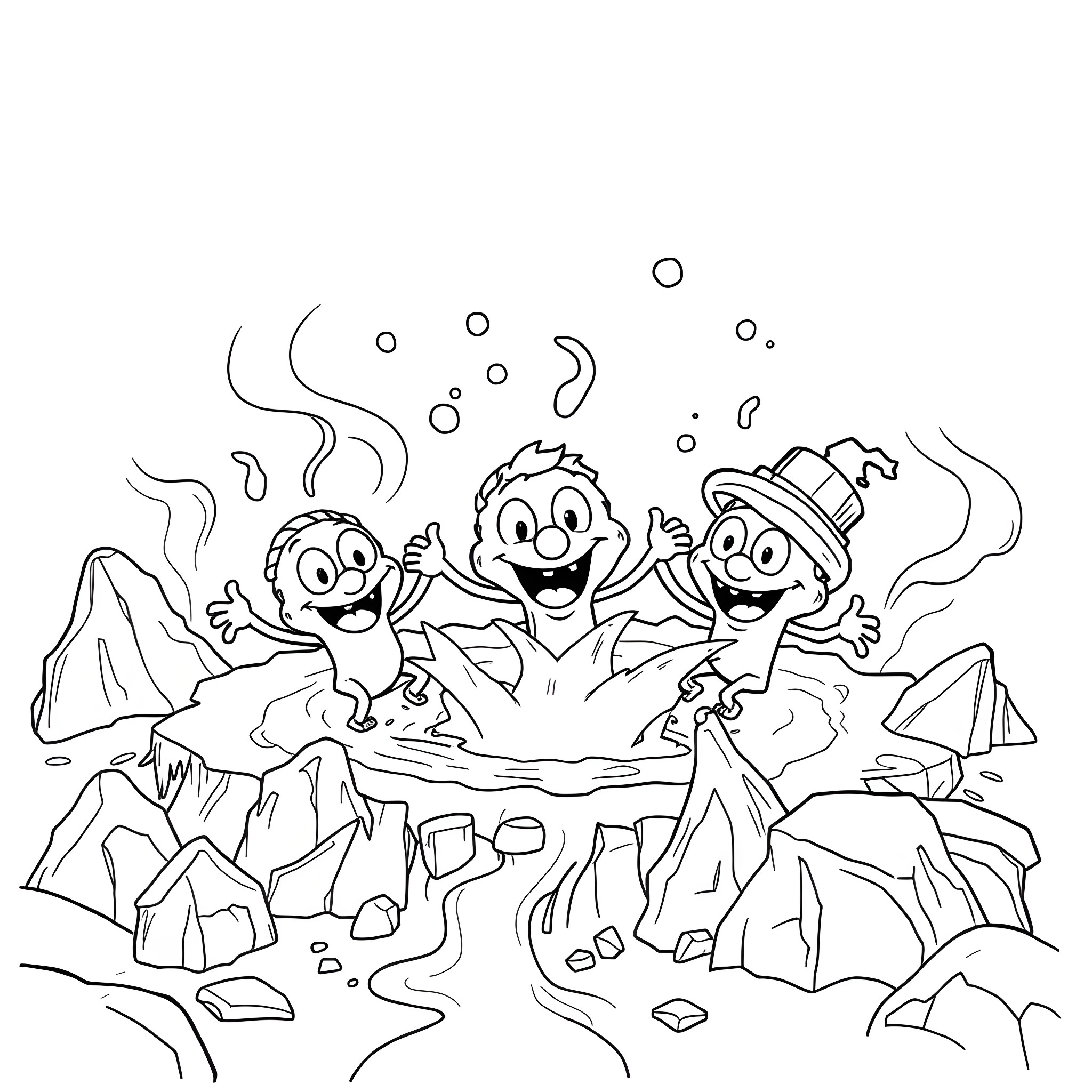 Character Trio Splashing in Waterfall Coloring Page (free black-and-white line drawing printable PDF for all, from beginners to advanced learners, including children, teens, adults, and seniors)