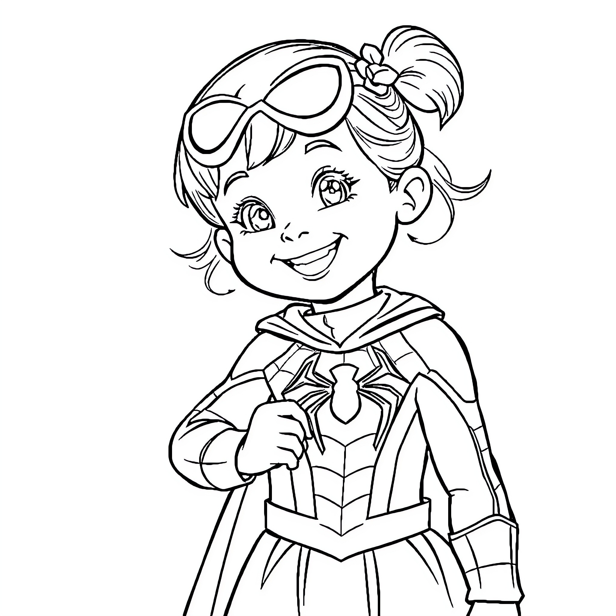 Girl in Superhero Costume with Smiling Expression Coloring Page (free black-and-white line drawing printable PDF for all, from beginners to advanced learners, including children, teens, adults, and seniors)