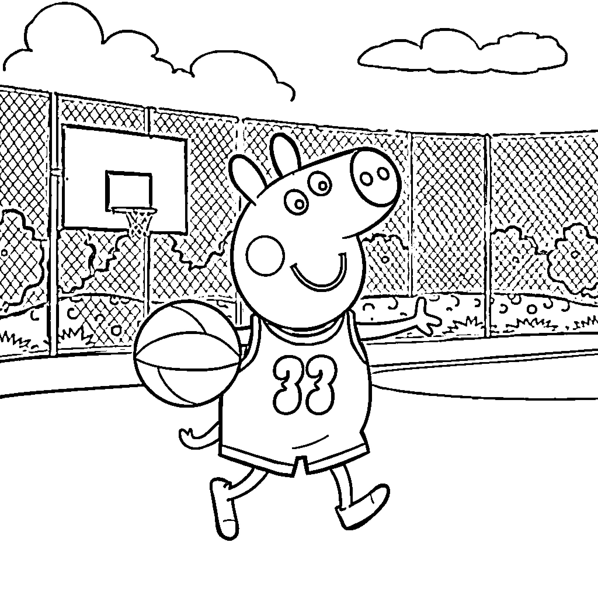 Peppa Pig playing basketball on the court Coloring Page (free black-and-white line drawing printable PDF for all, from beginners to advanced learners, including children, teens, adults, and seniors)