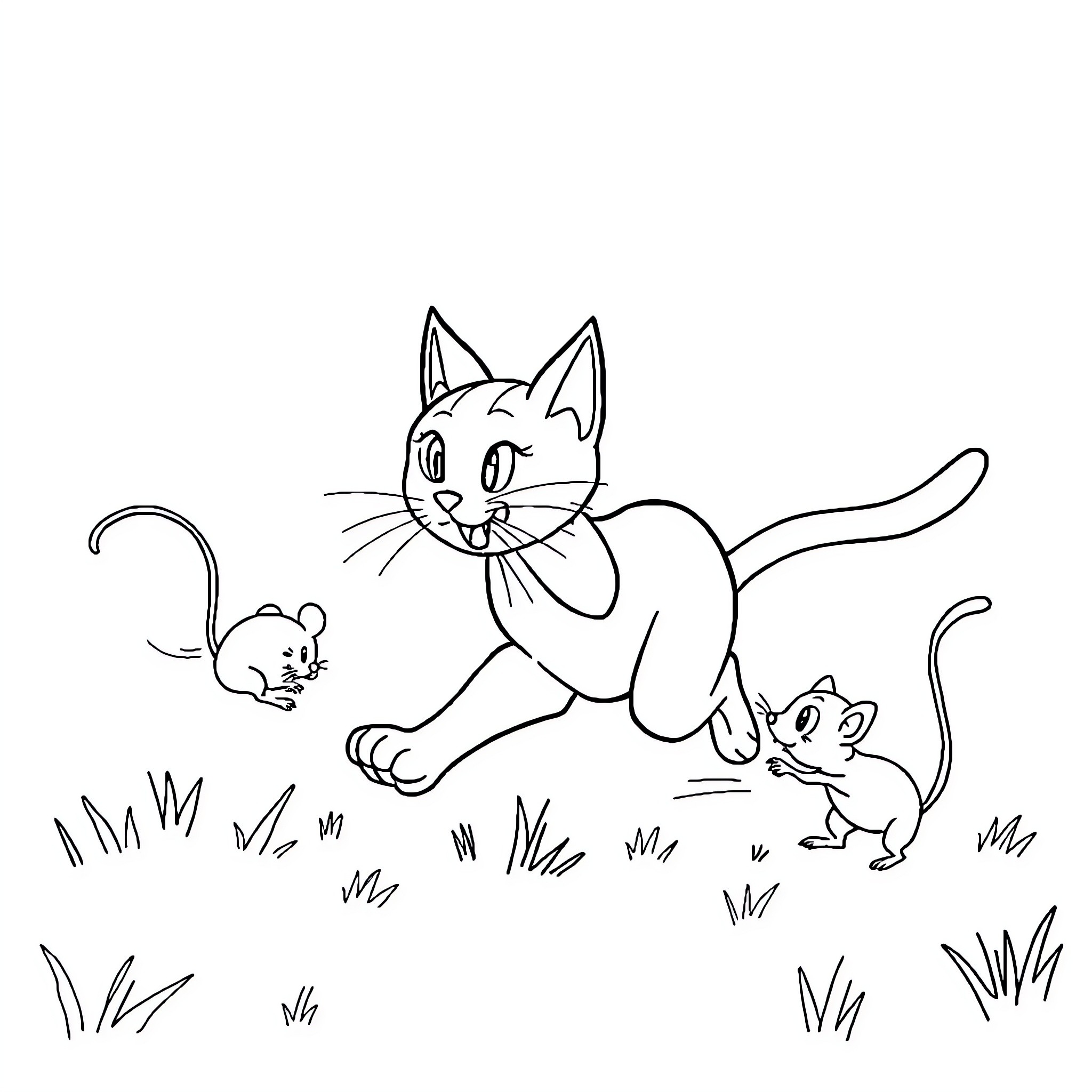 Cat vs Mouse - Playful Pursuit in the Grassy Field Coloring Page (free black-and-white line drawing printable PDF for all, from beginners to advanced learners, including children, teens, adults, and seniors)