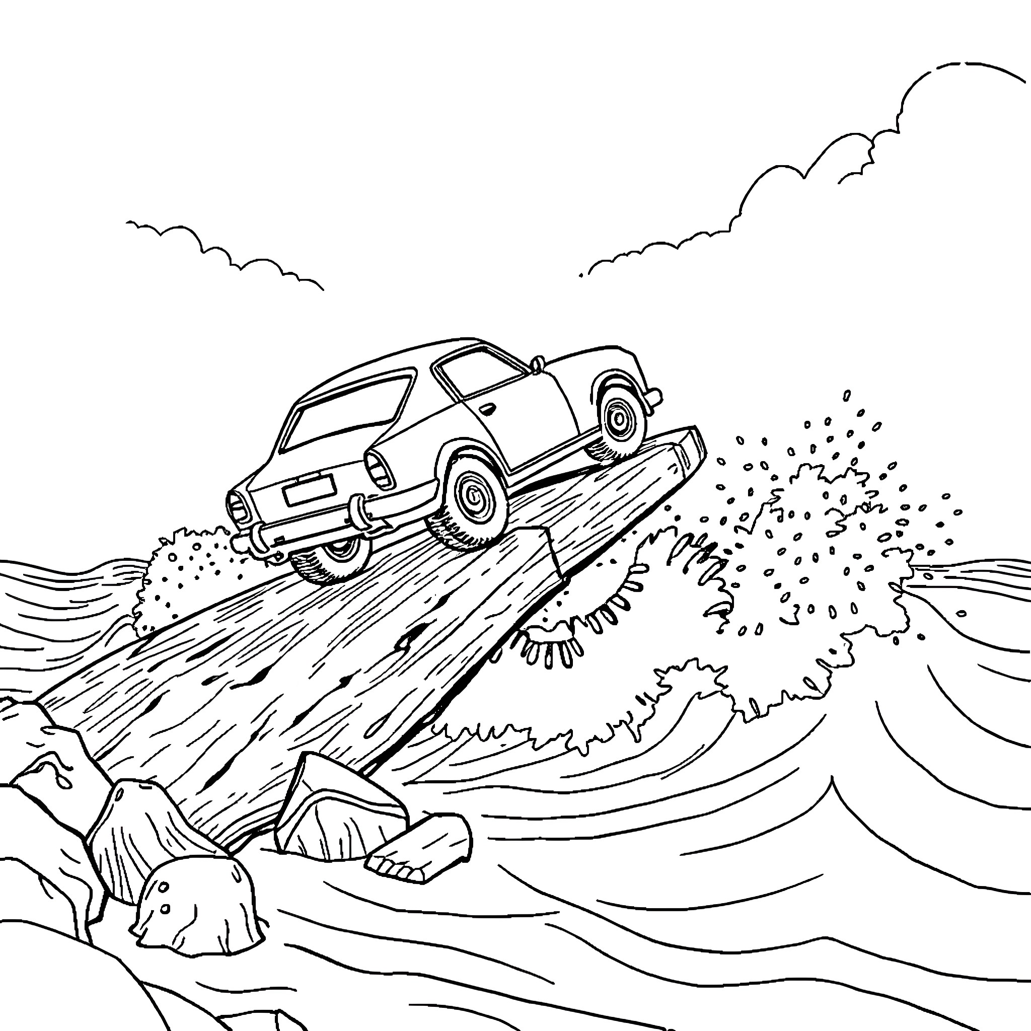 Car jumping over rocky terrain Coloring Page (free black-and-white line drawing printable PDF for all, from beginners to advanced learners, including children, teens, adults, and seniors)