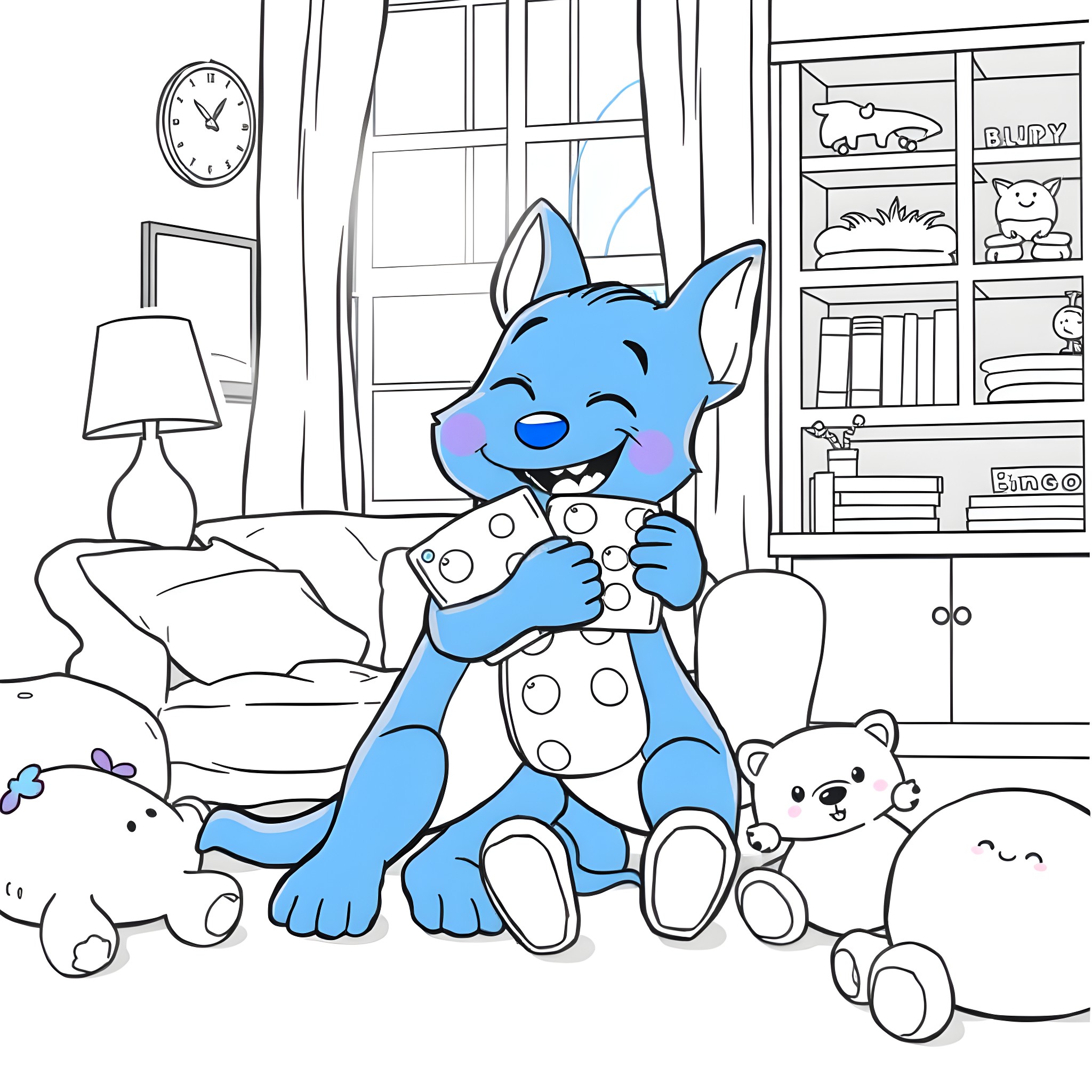Bluey playing joyfully with toys in the living room Coloring Page (free black-and-white line drawing printable PDF for all, from beginners to advanced learners, including children, teens, adults, and seniors)