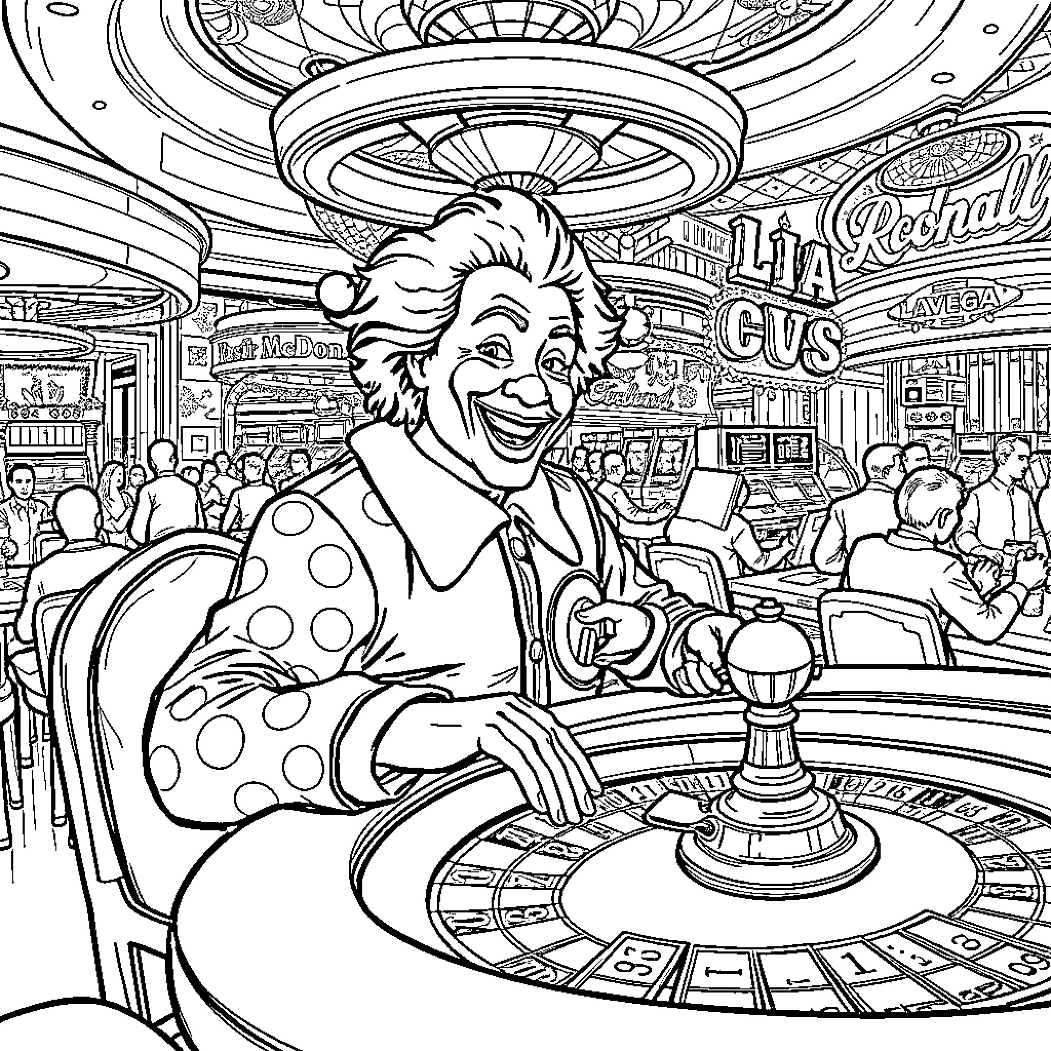 Ronald McDonald enjoying the casino atmosphere Coloring Page (free black-and-white line drawing printable PDF for all, from beginners to advanced learners, including children, teens, adults, and seniors)