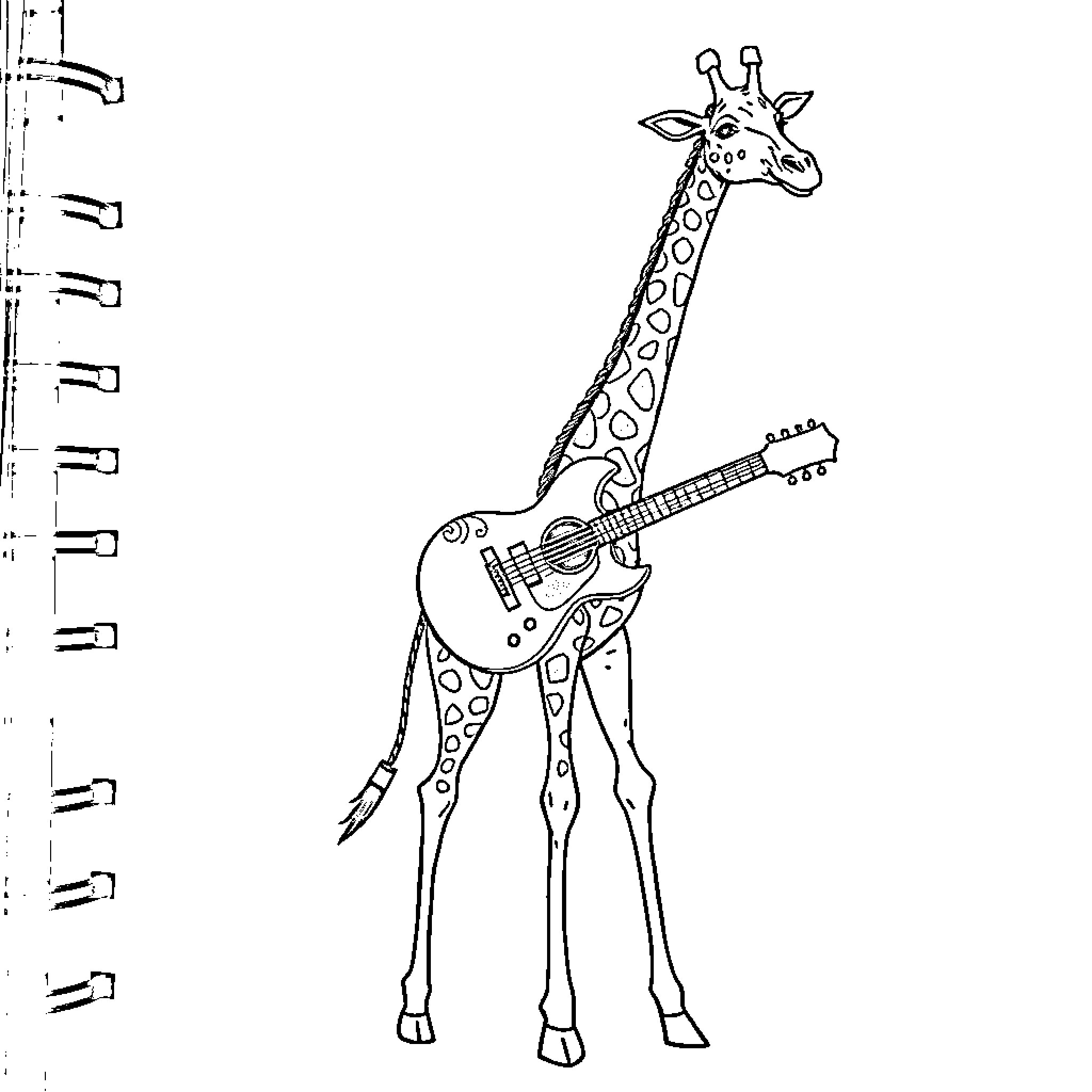 Giraffe playing guitar in a whimsical scene Coloring Page (free black-and-white line drawing printable PDF for all, from beginners to advanced learners, including children, teens, adults, and seniors)