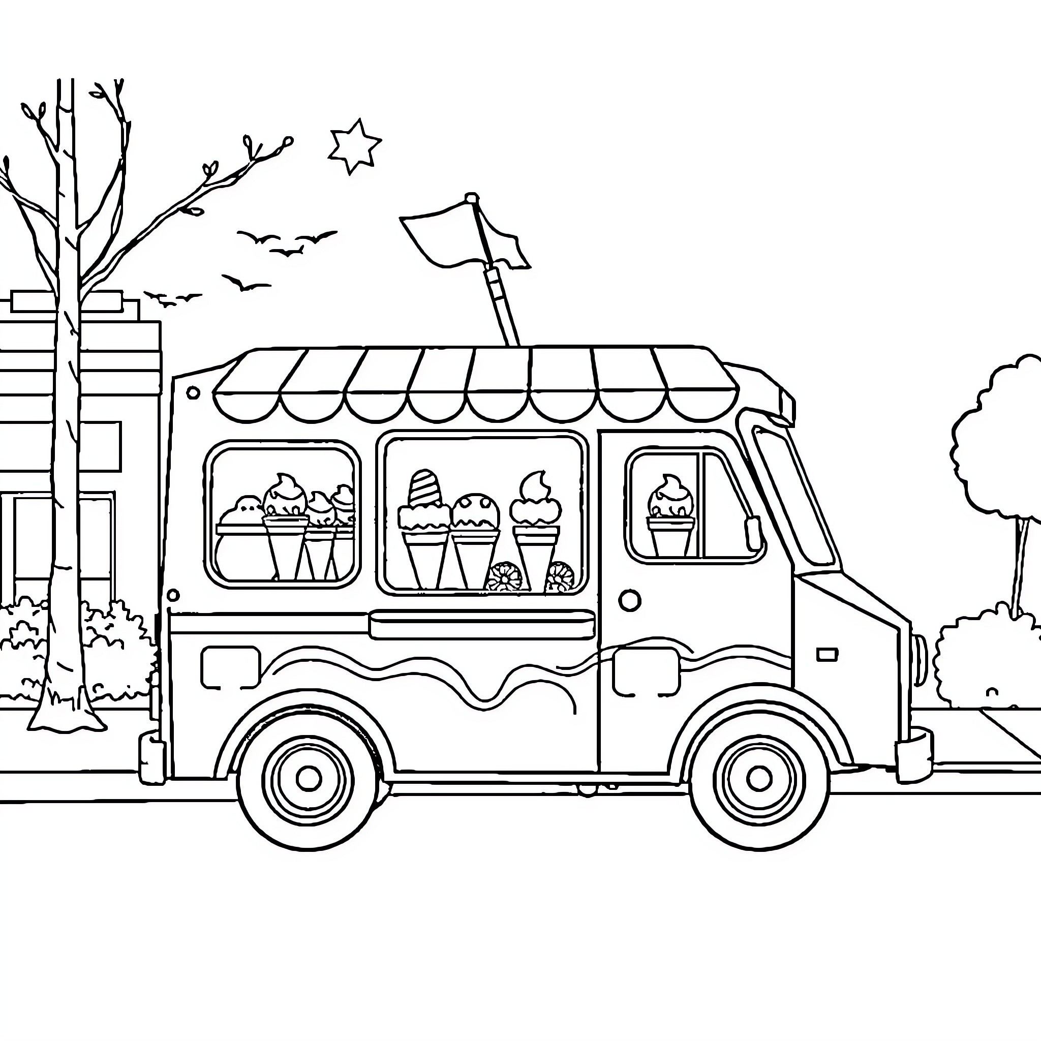 Ice Cream Truck Parked on a Starry Night Coloring Page (free black-and-white line drawing printable PDF for all, from beginners to advanced learners, including children, teens, adults, and seniors)