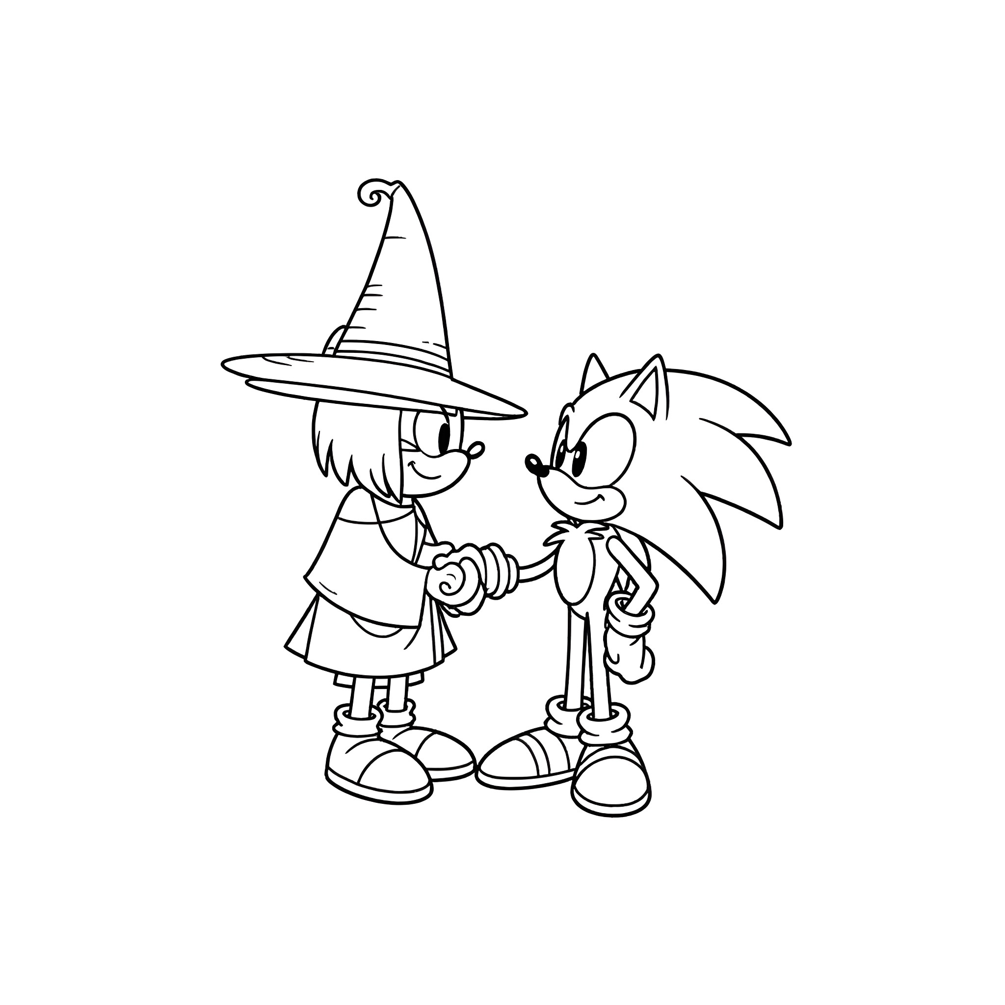 Sonic and Witch Sharing Adventure Coloring Page (free black-and-white line drawing printable PDF for all, from beginners to advanced learners, including children, teens, adults, and seniors)