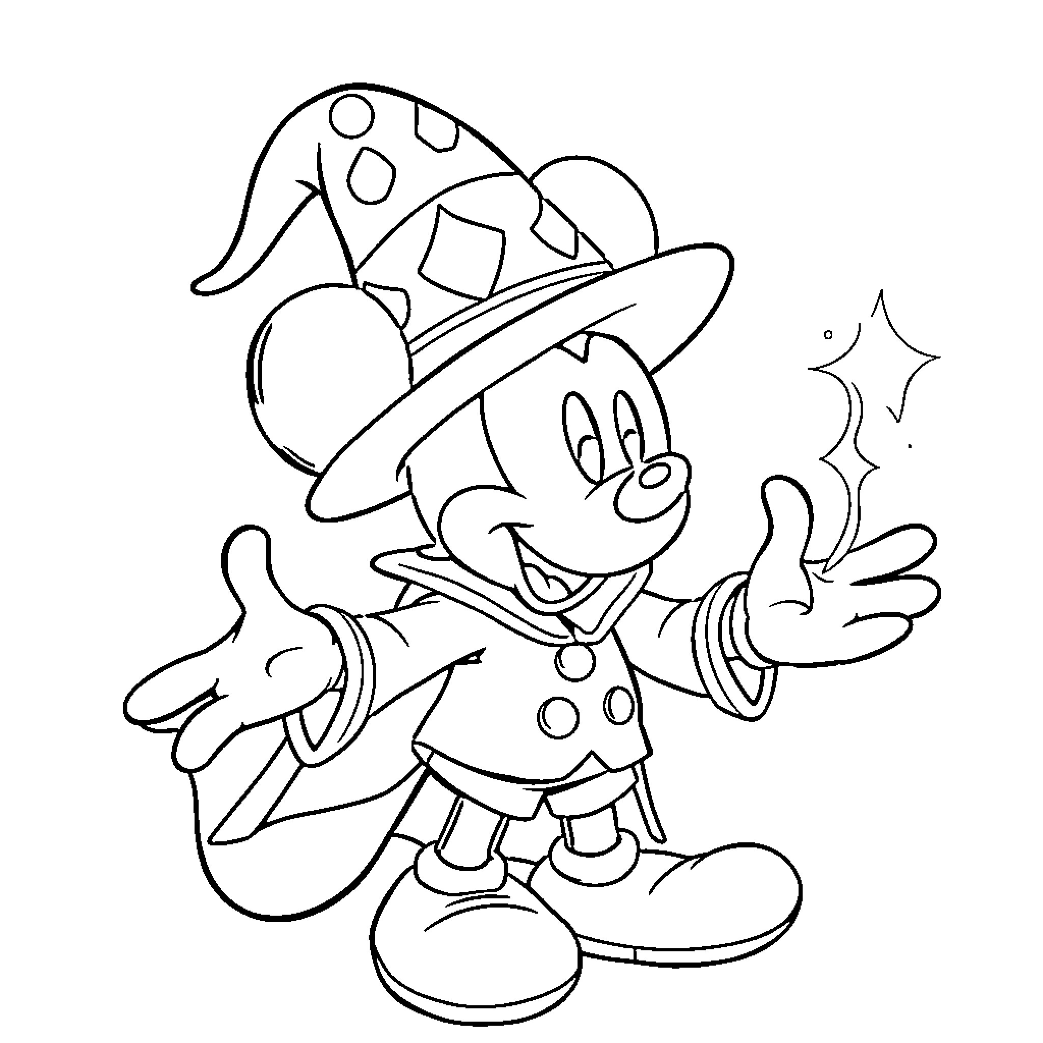 Mickey's Magical Performance Coloring Page (free black-and-white line drawing printable PDF for all, from beginners to advanced learners, including children, teens, adults, and seniors)