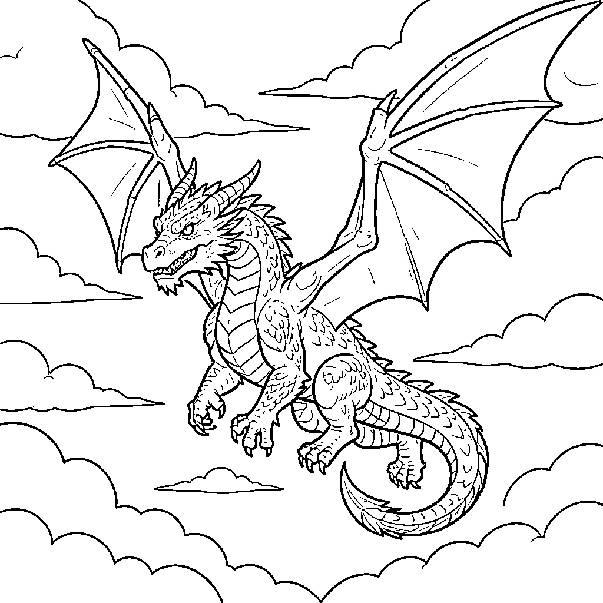 Dragon soaring gracefully through the cloudy sky Coloring Page (free black-and-white line drawing printable PDF for all, from beginners to advanced learners, including children, teens, adults, and seniors)