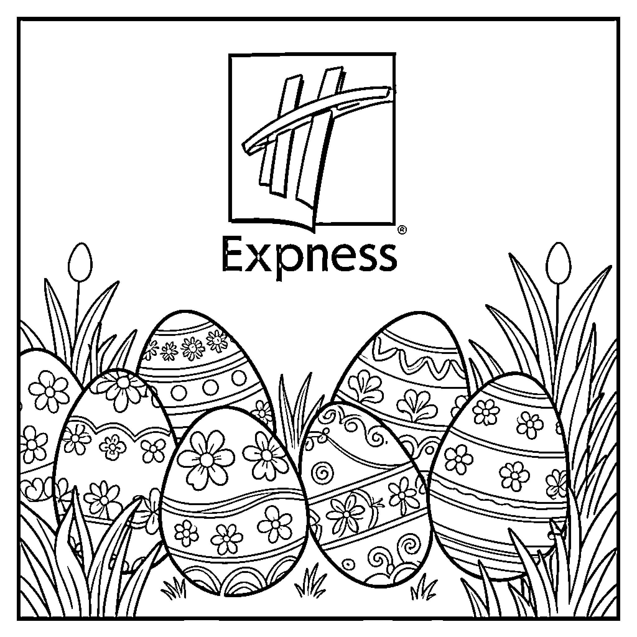Holiday Logo with Decorative Easter Eggs Coloring Page (free black-and-white line drawing printable PDF for all, from beginners to advanced learners, including children, teens, adults, and seniors)